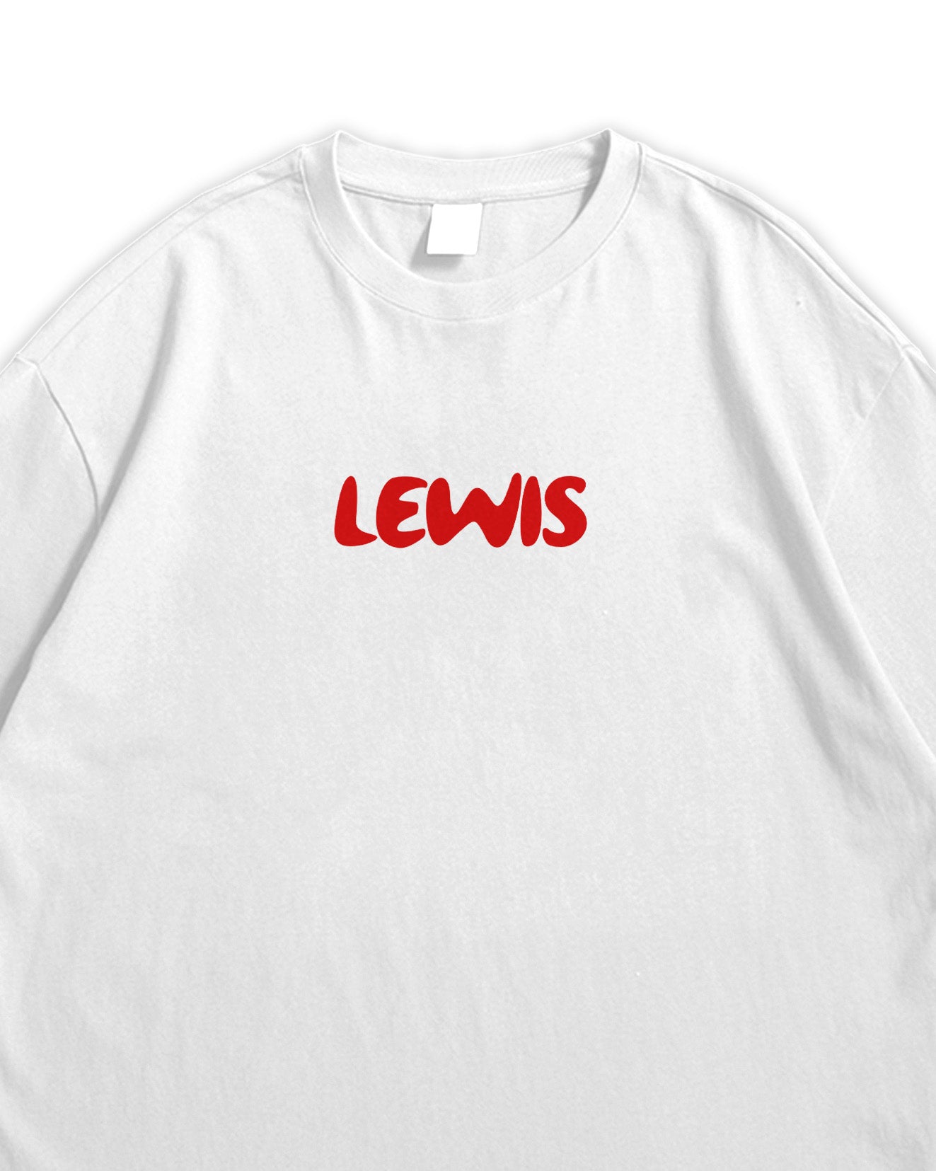 White t-shirt with 'LEWIS' printed in red on a white background