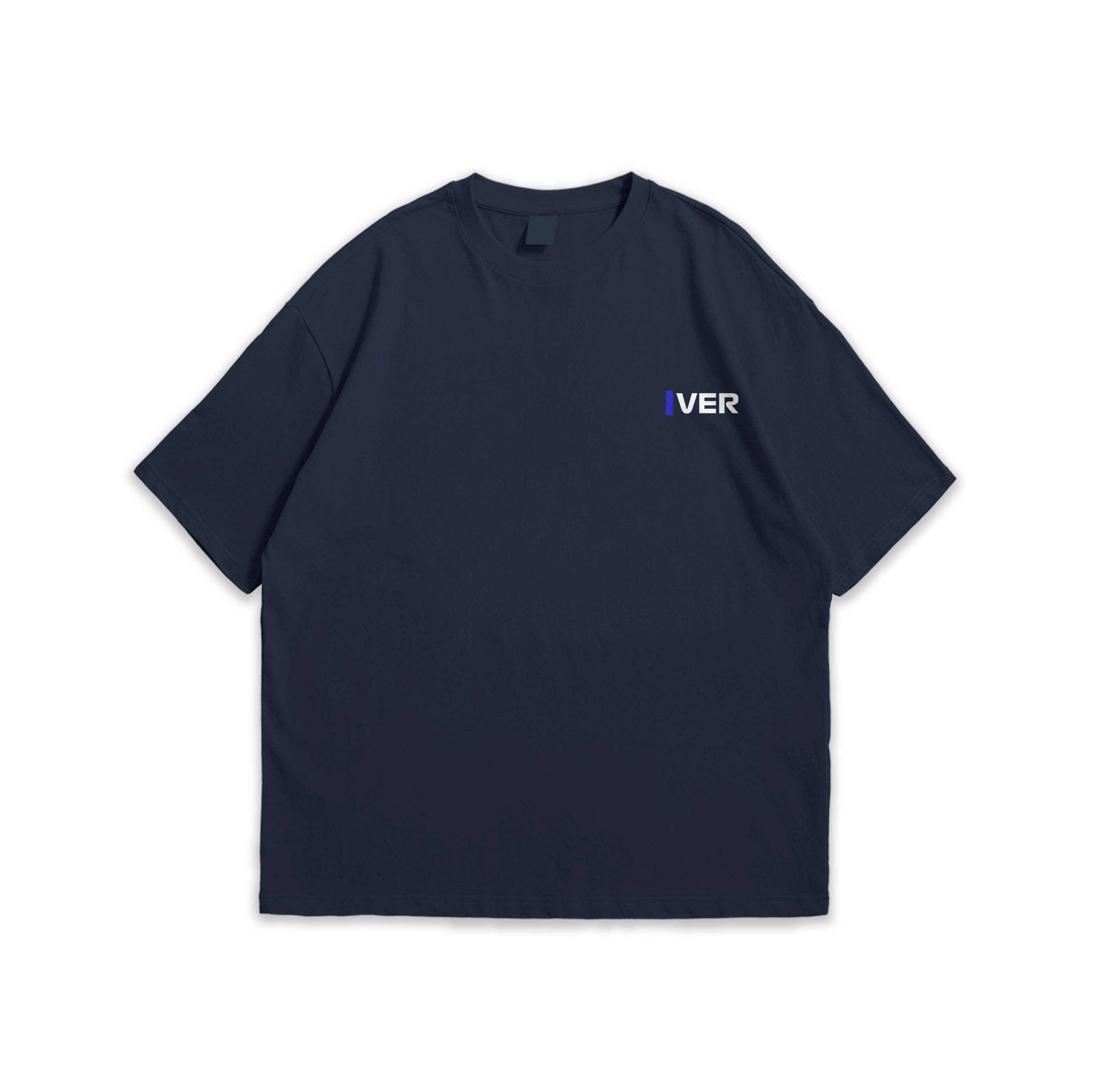 Navy blue t-shirt with a "VER" text on a white background