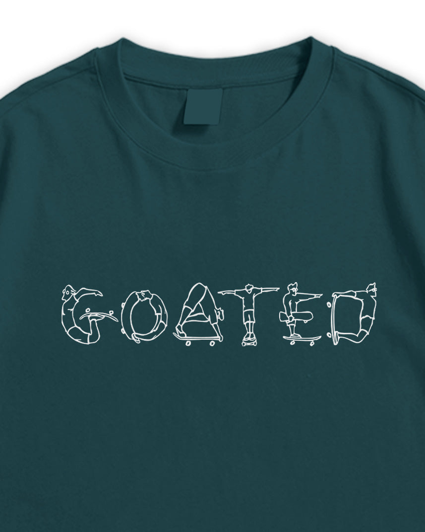 Petrol Blue t-shirt with white graphic design on a white background