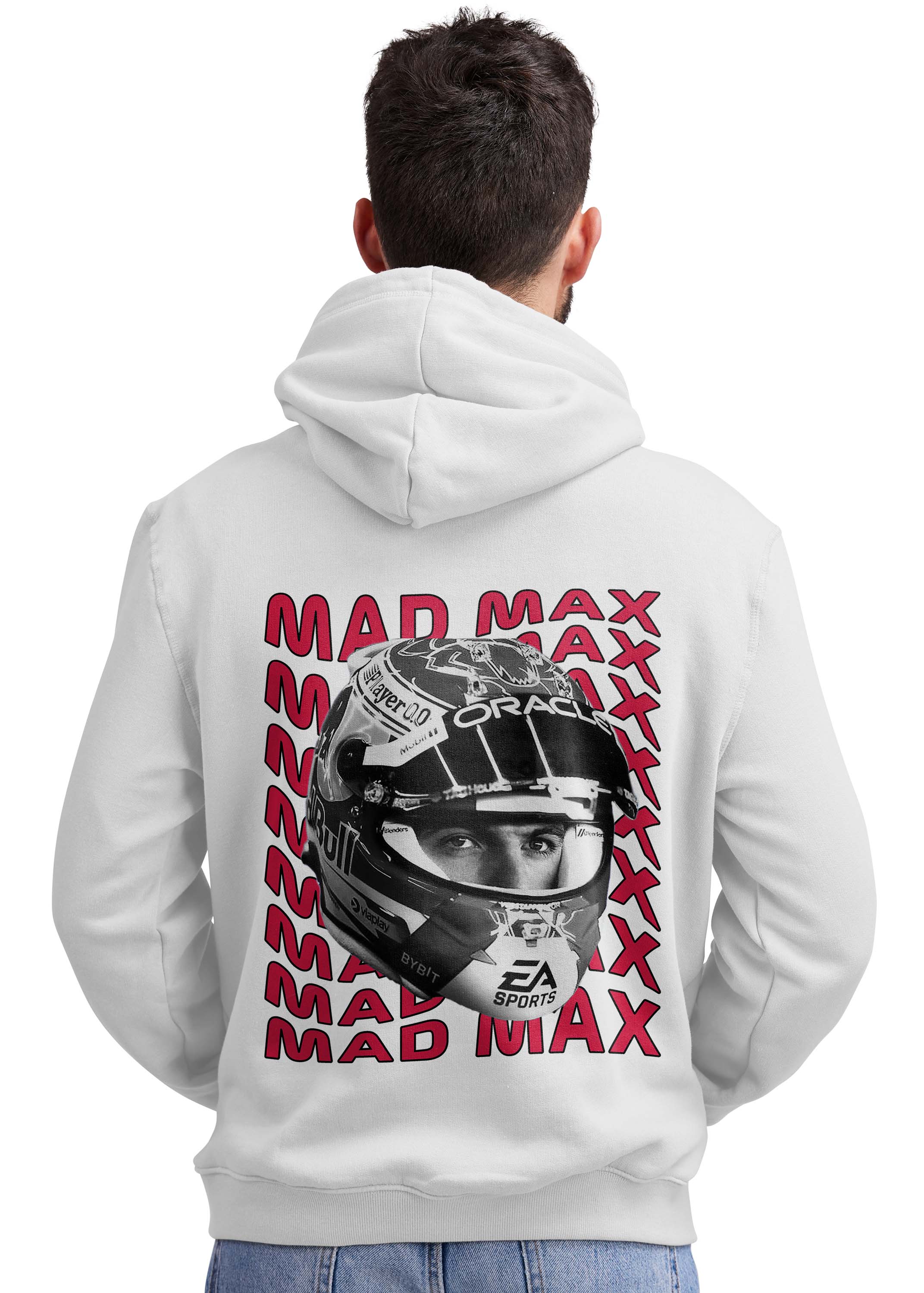 Person wearing a white hoodie with a graphic design on the back, featuring a helmet and MAD MAX text.