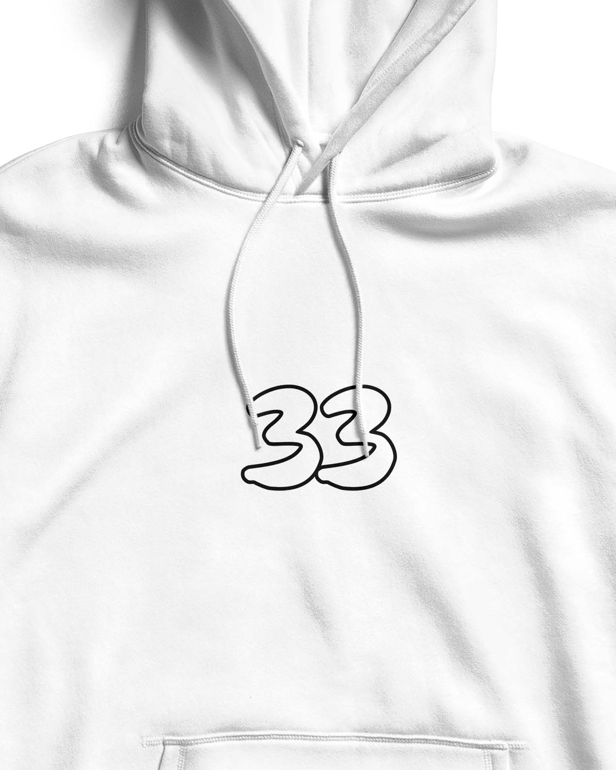 White hoodie with black number '33' design on a white background
