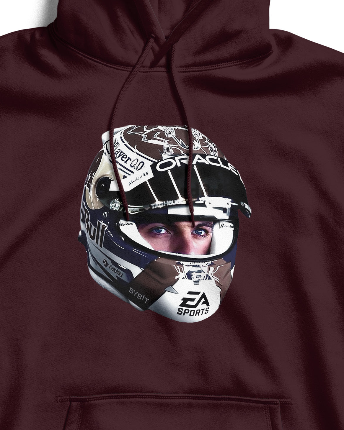 Maroon hoodie with a helmet graphic featuring Max Vertsappen on a white background