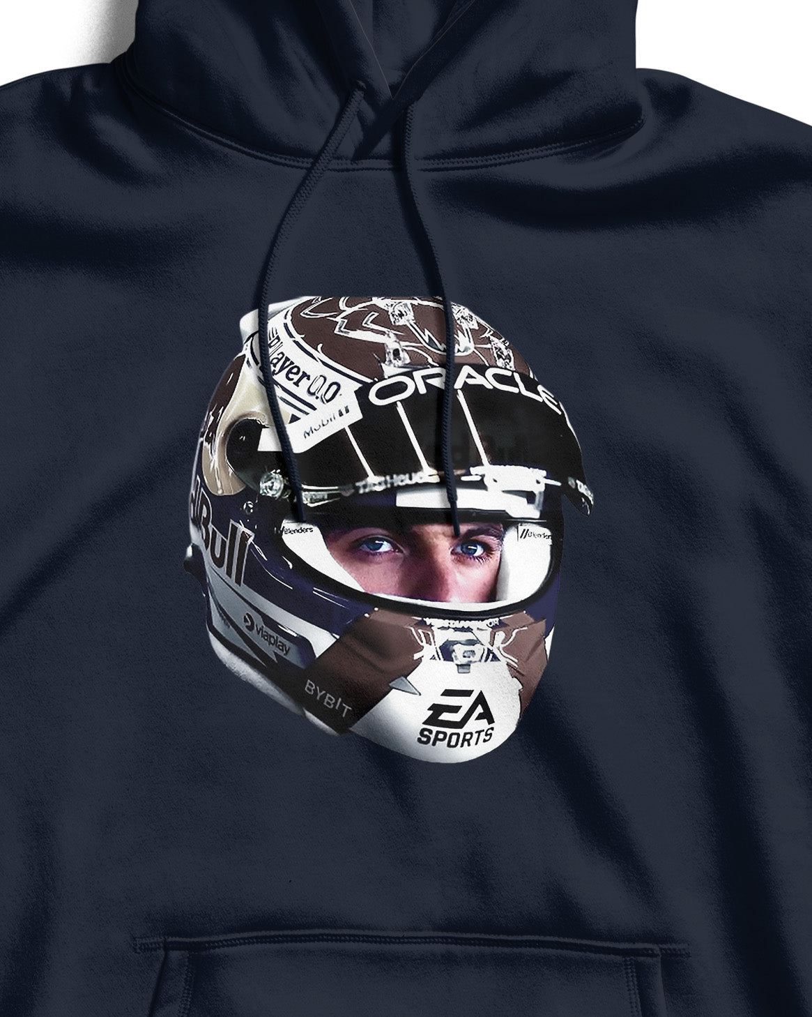 Navy Blue hoodie with a helmet graphic featuring Max Vertsappen on a white background