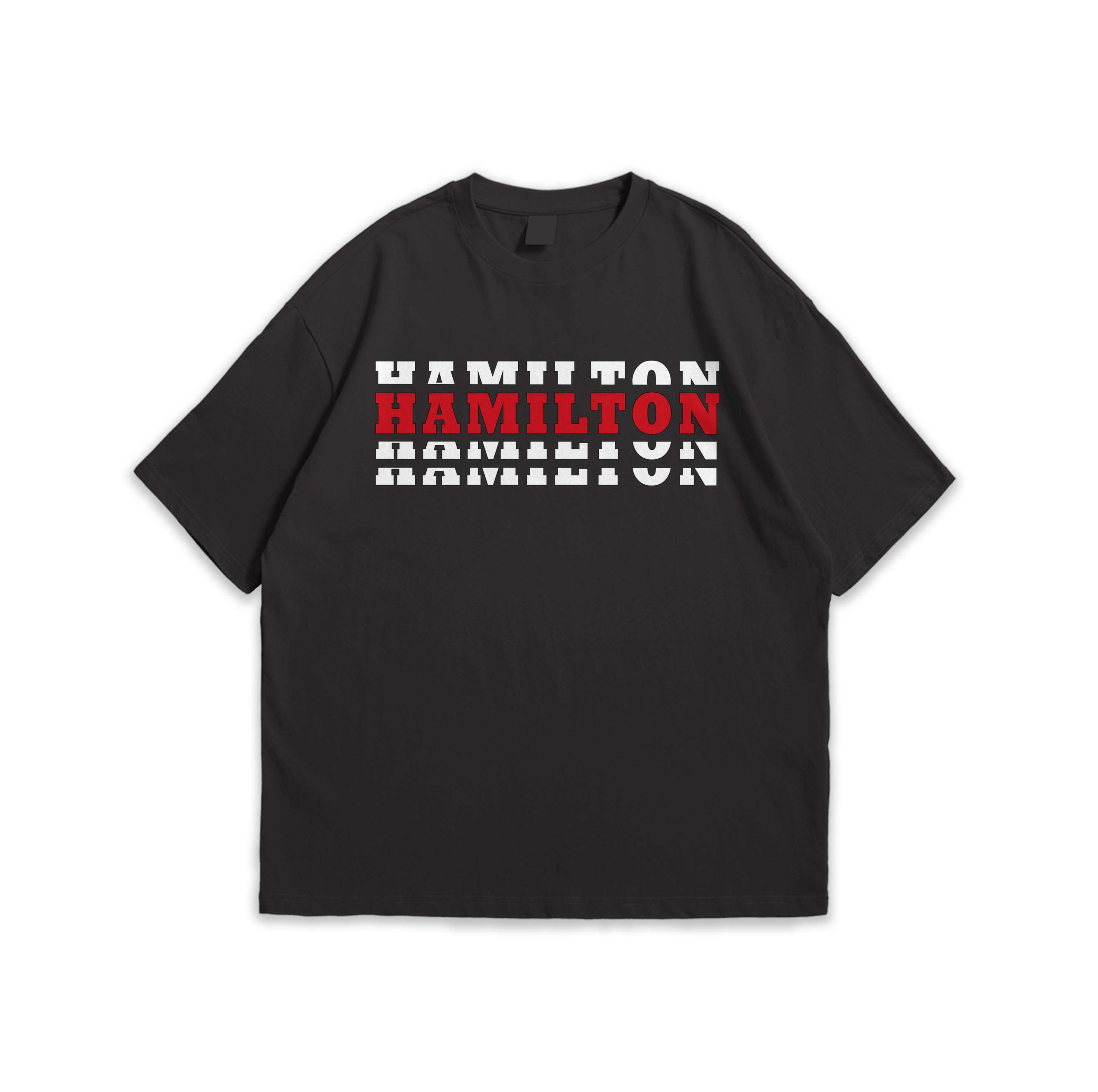 Black t-shirt with 'HAMILTON' printed in red and white on a white background