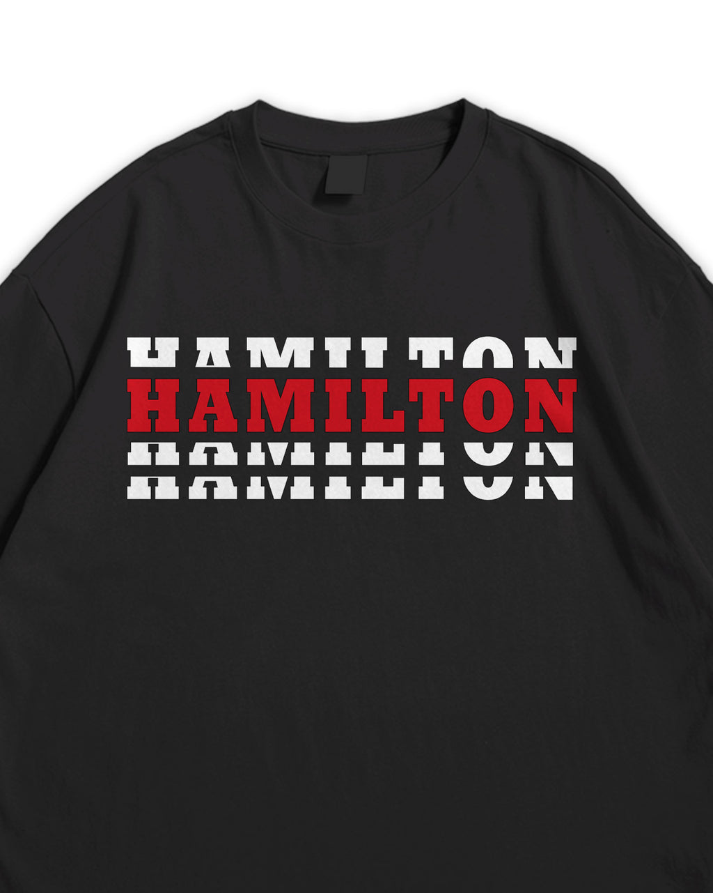 Black T-shirt with 'Hamilton' text in red and white on a white background
