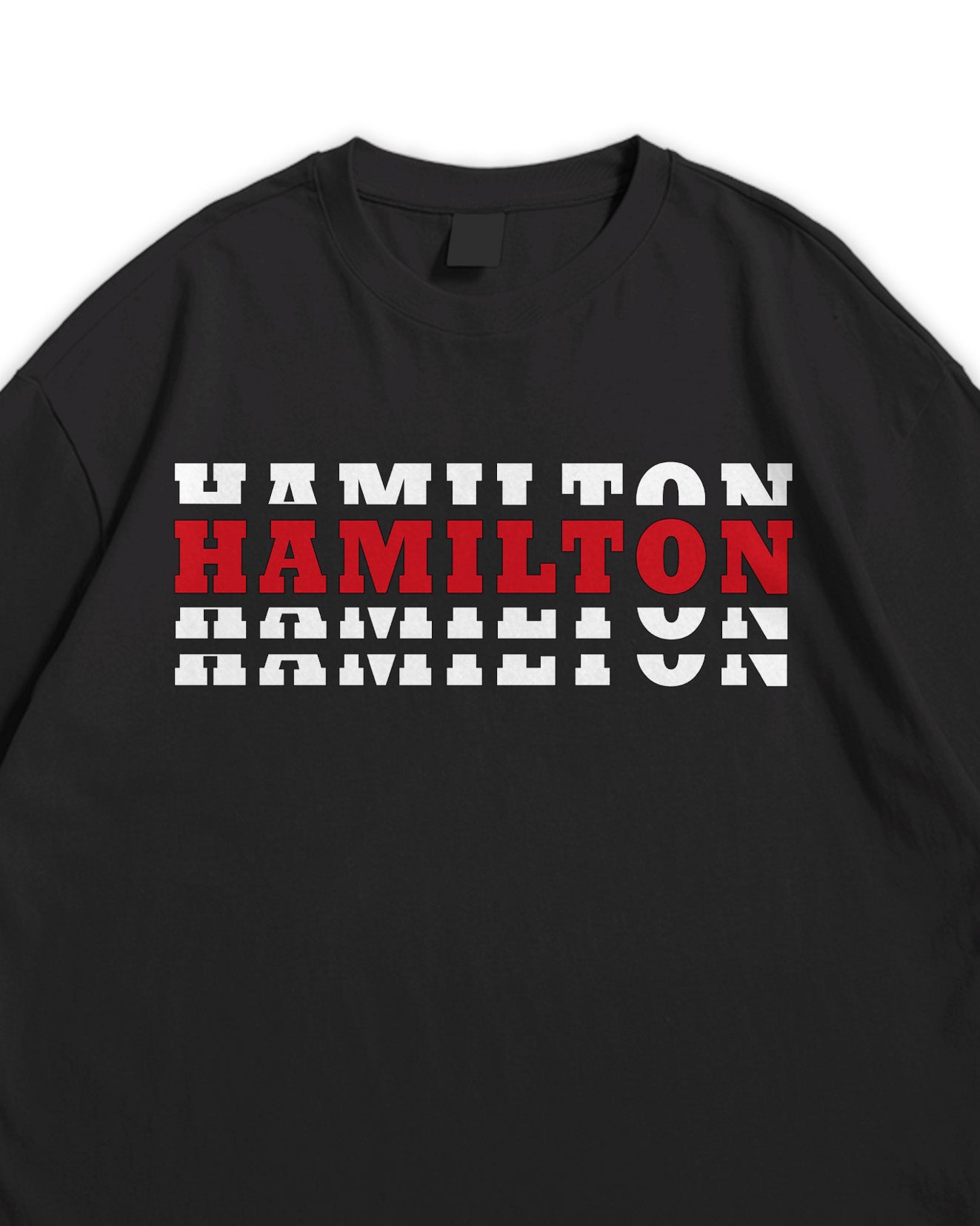 Black T-shirt with 'Hamilton' text in red and white on a white background