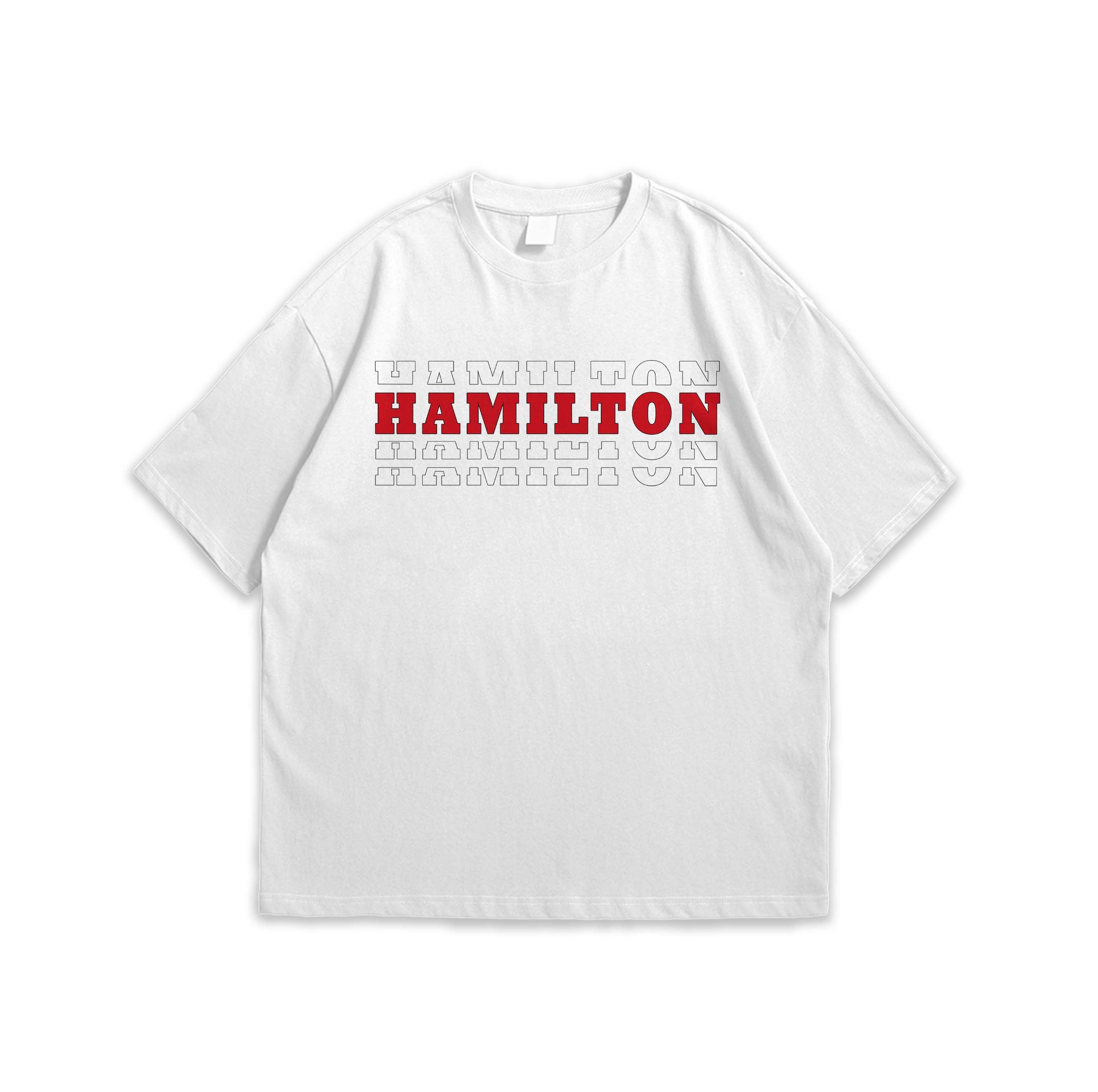 White t-shirt with 'Hamilton' text design on a white background