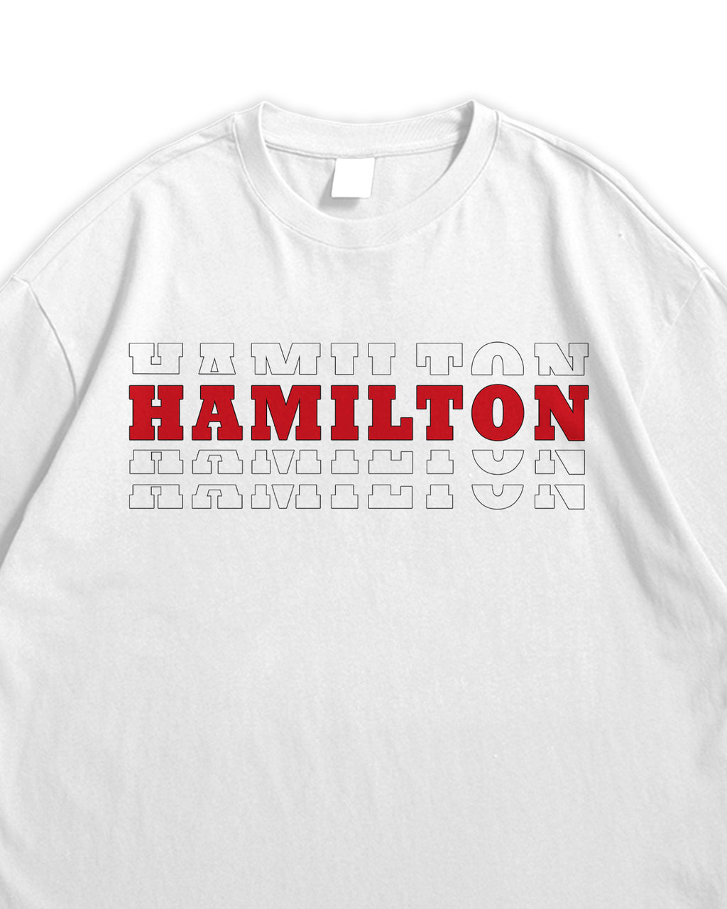 White t-shirt with 'Hamilton' text in red and black on a white background