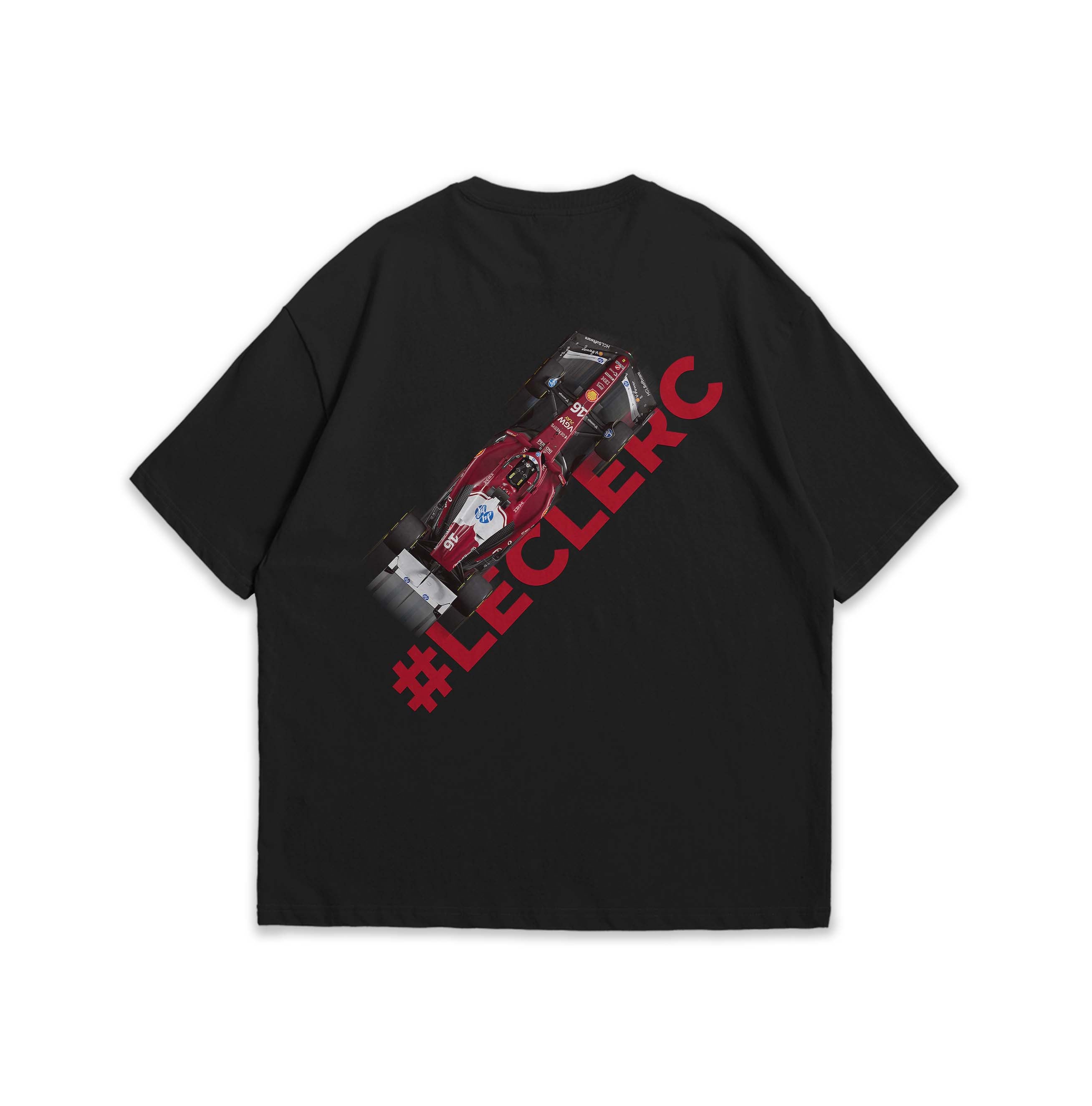 Black t-shirt with red race car graphic and '#LECLEKC' text on a white background