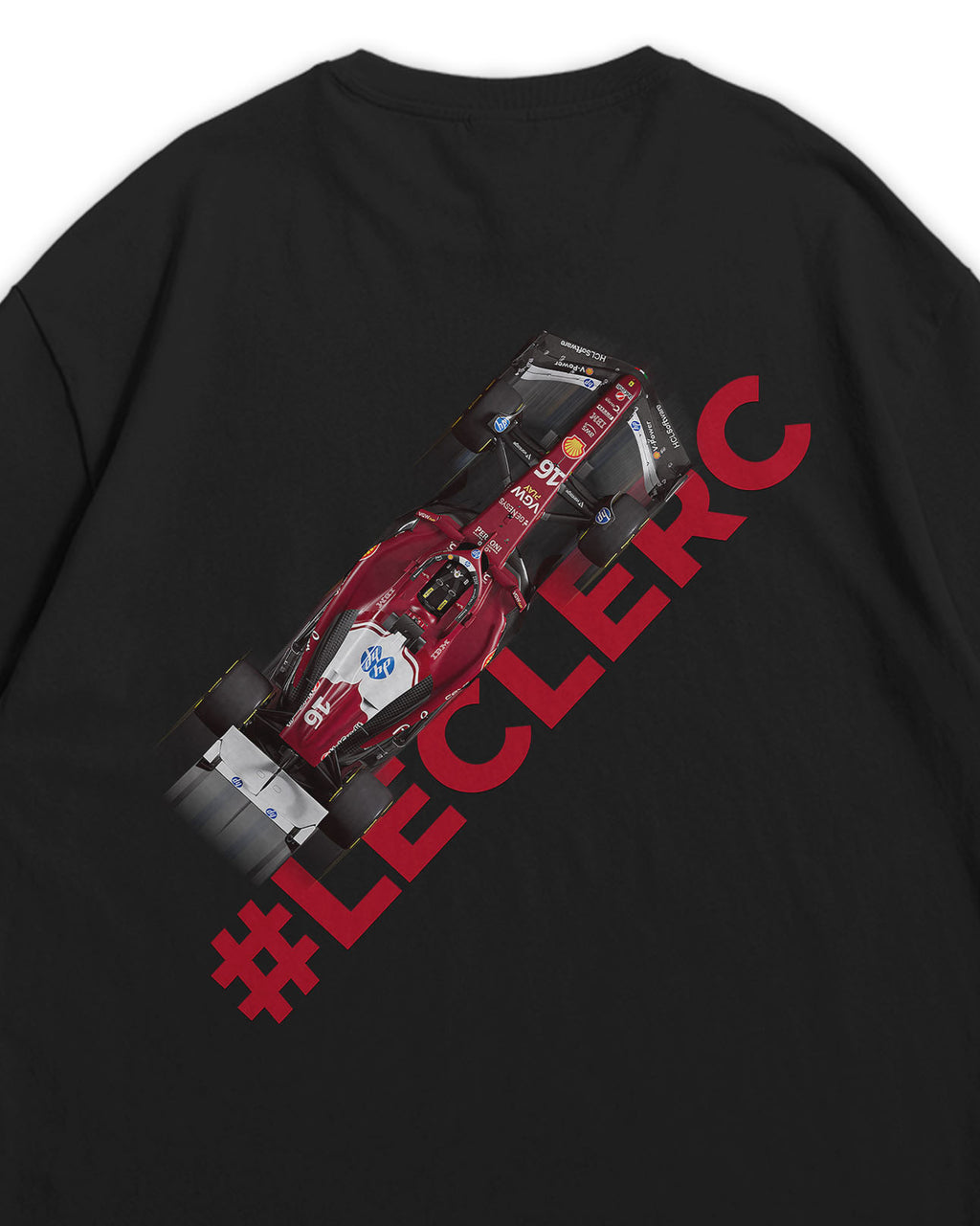 Black t-shirt with a red race car graphic and '#LECLERC' text on a white background