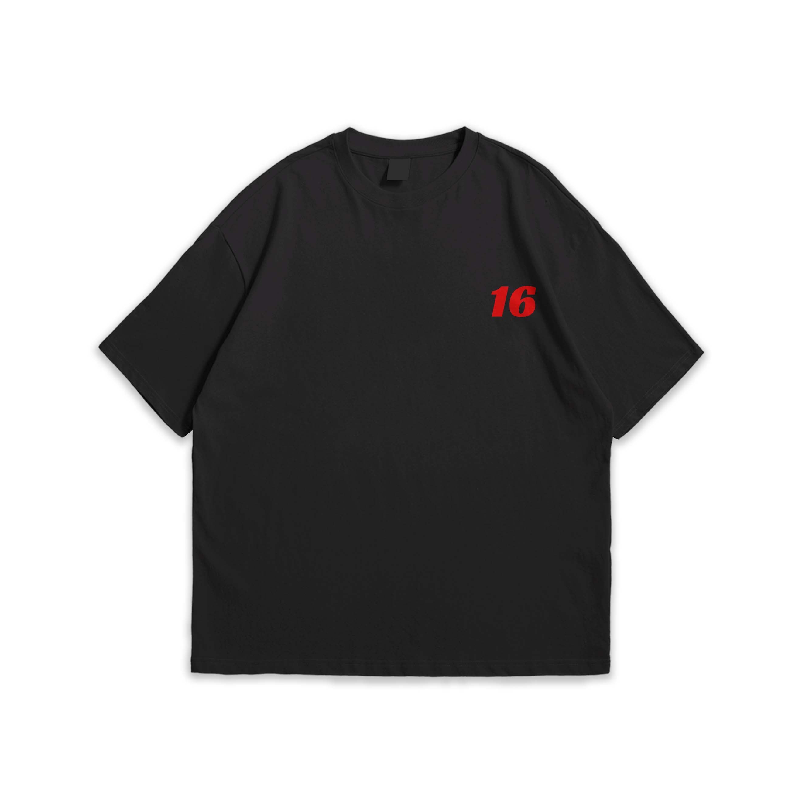 Black t-shirt with red number 16 on a white background