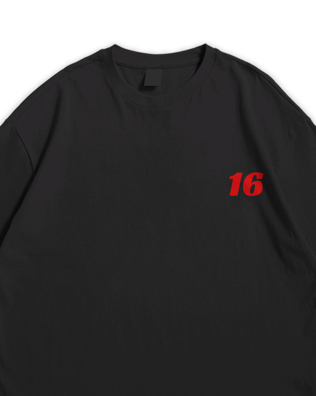 Black sweatshirt with red number 16 on a white background
