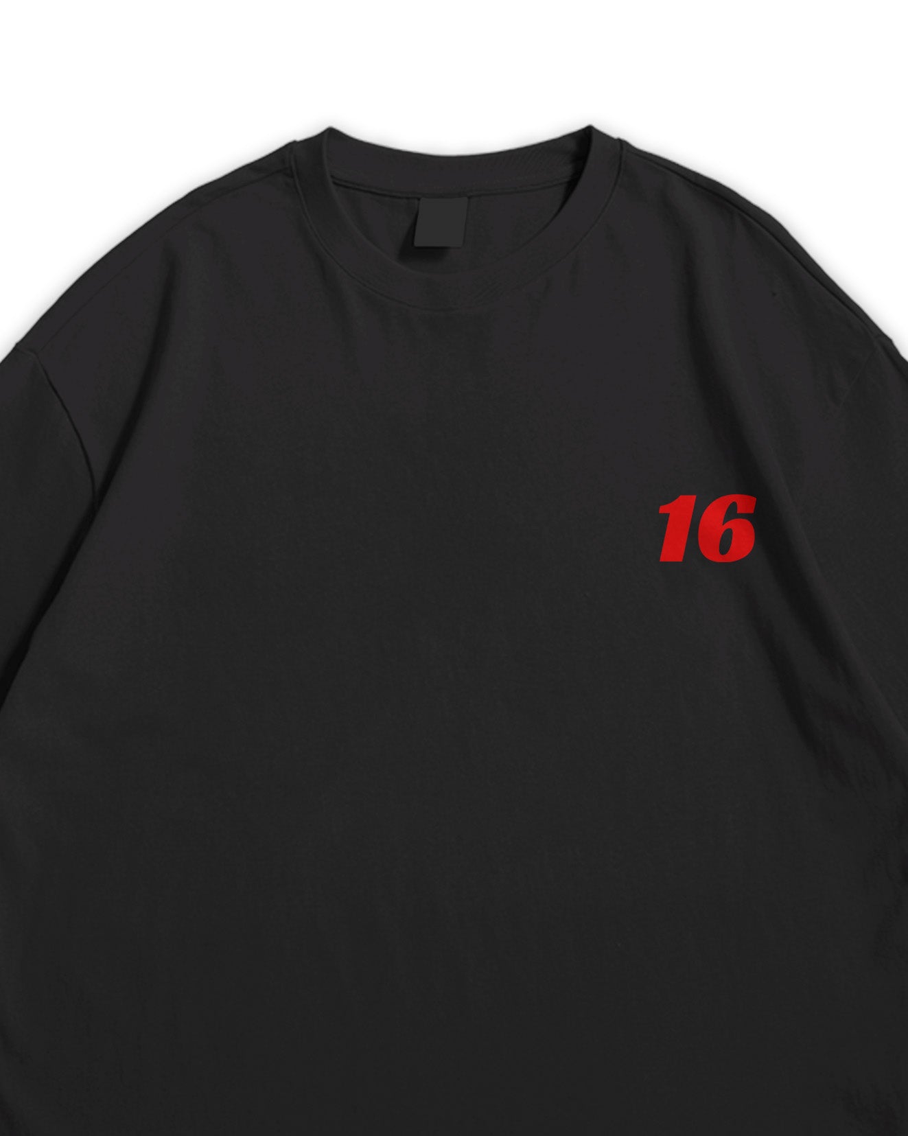 Black sweatshirt with red number 16 on a white background
