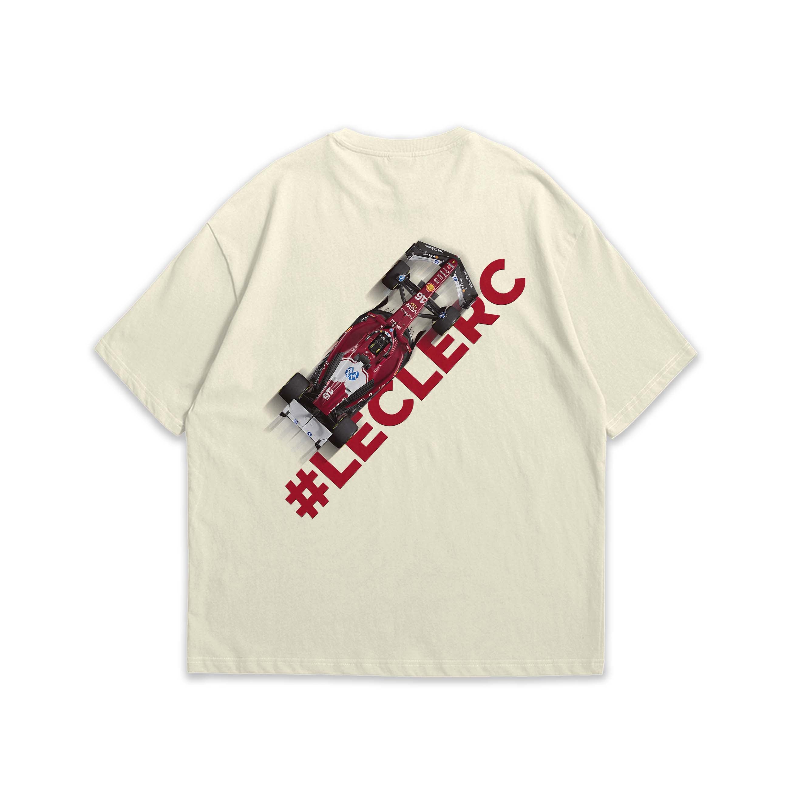 Beige t-shirt with a graphic design and '#LECLERC' text on a white background