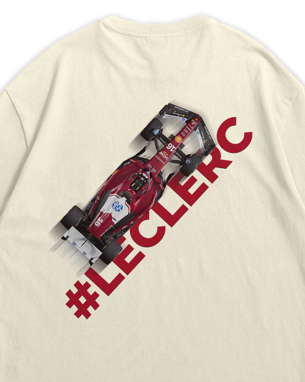 Beige t-shirt with Formula 1 car graphic and '#LECLERC' text on a white background