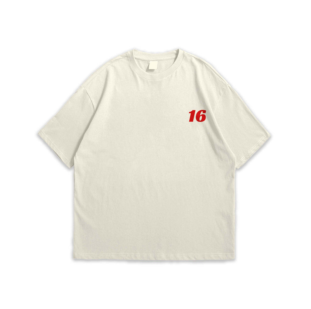 Beige t-shirt with red number 16 on a white background