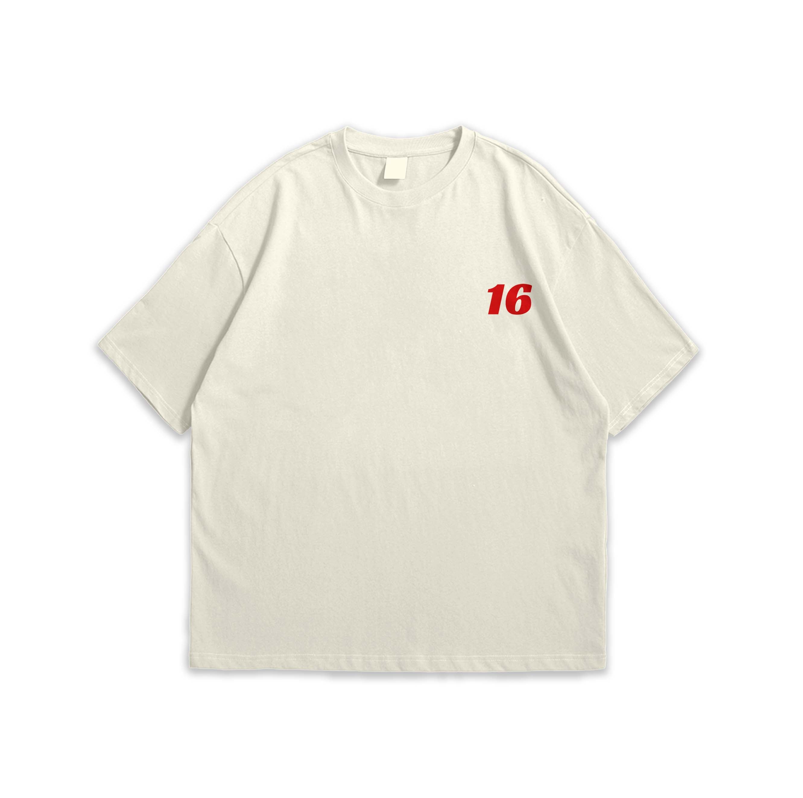 Beige t-shirt with red number 16 on a white background