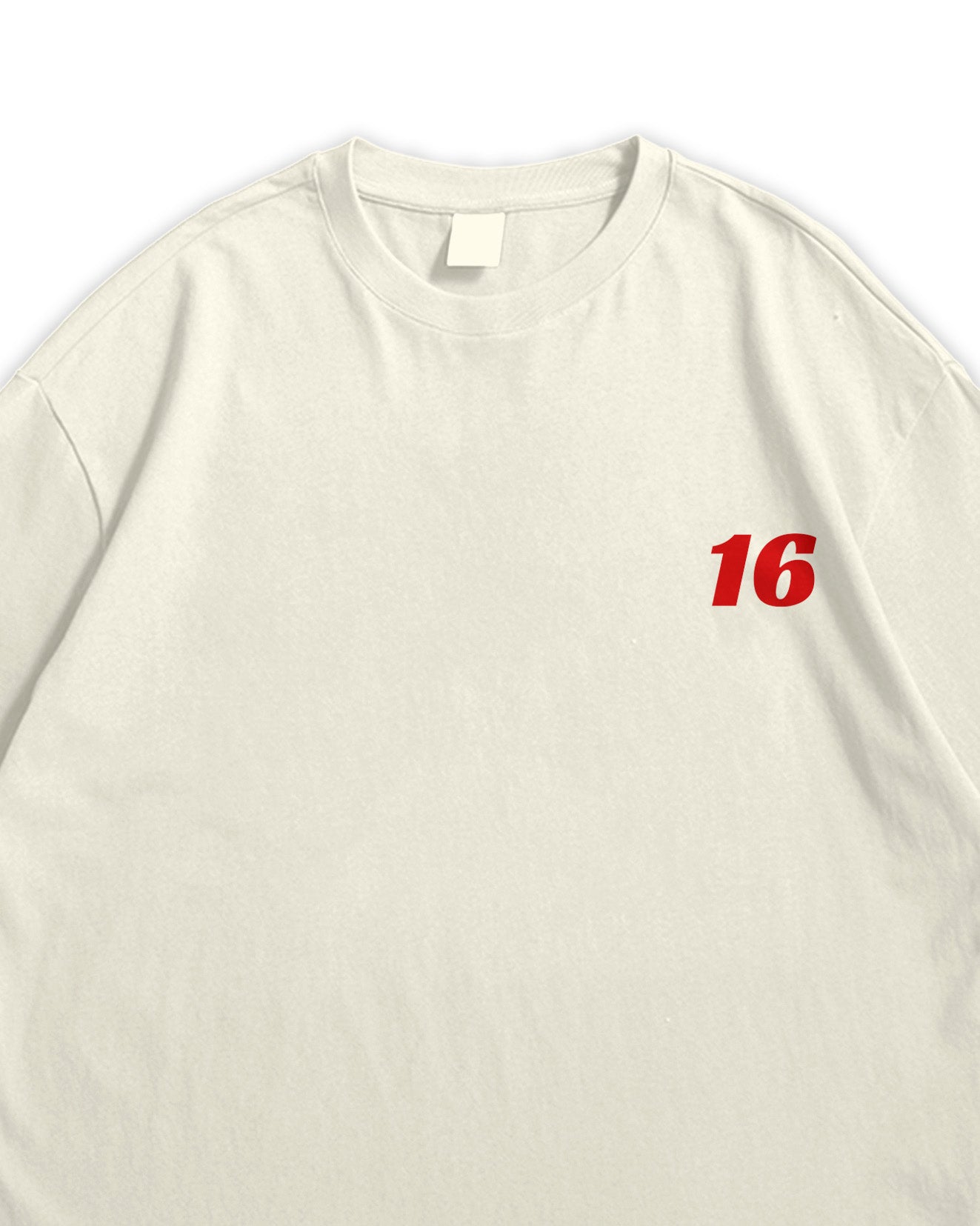Beige t-shirt with red number 16 on a white background