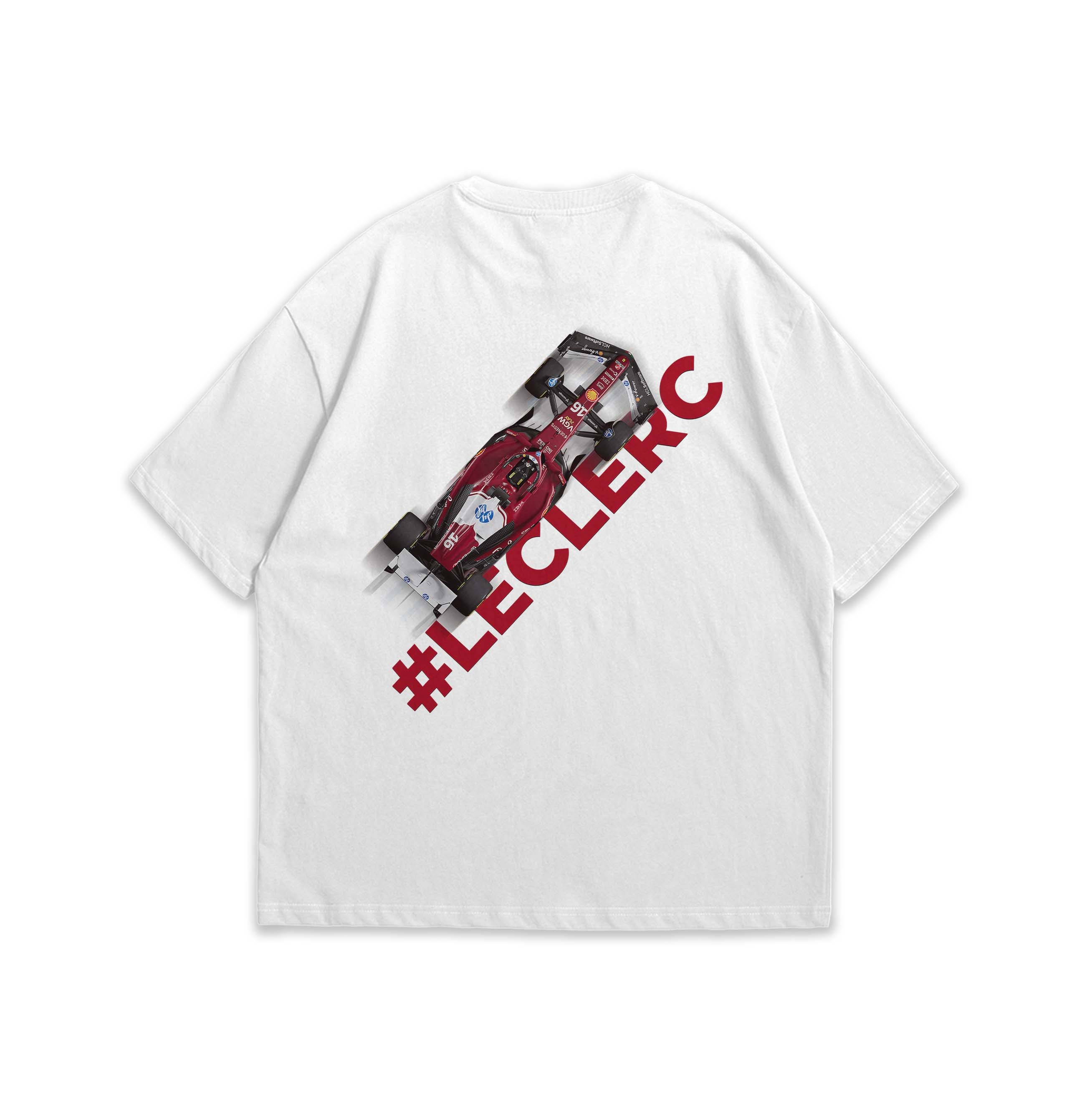 White t-shirt with red graphic and '#LECLERC' text on a white background