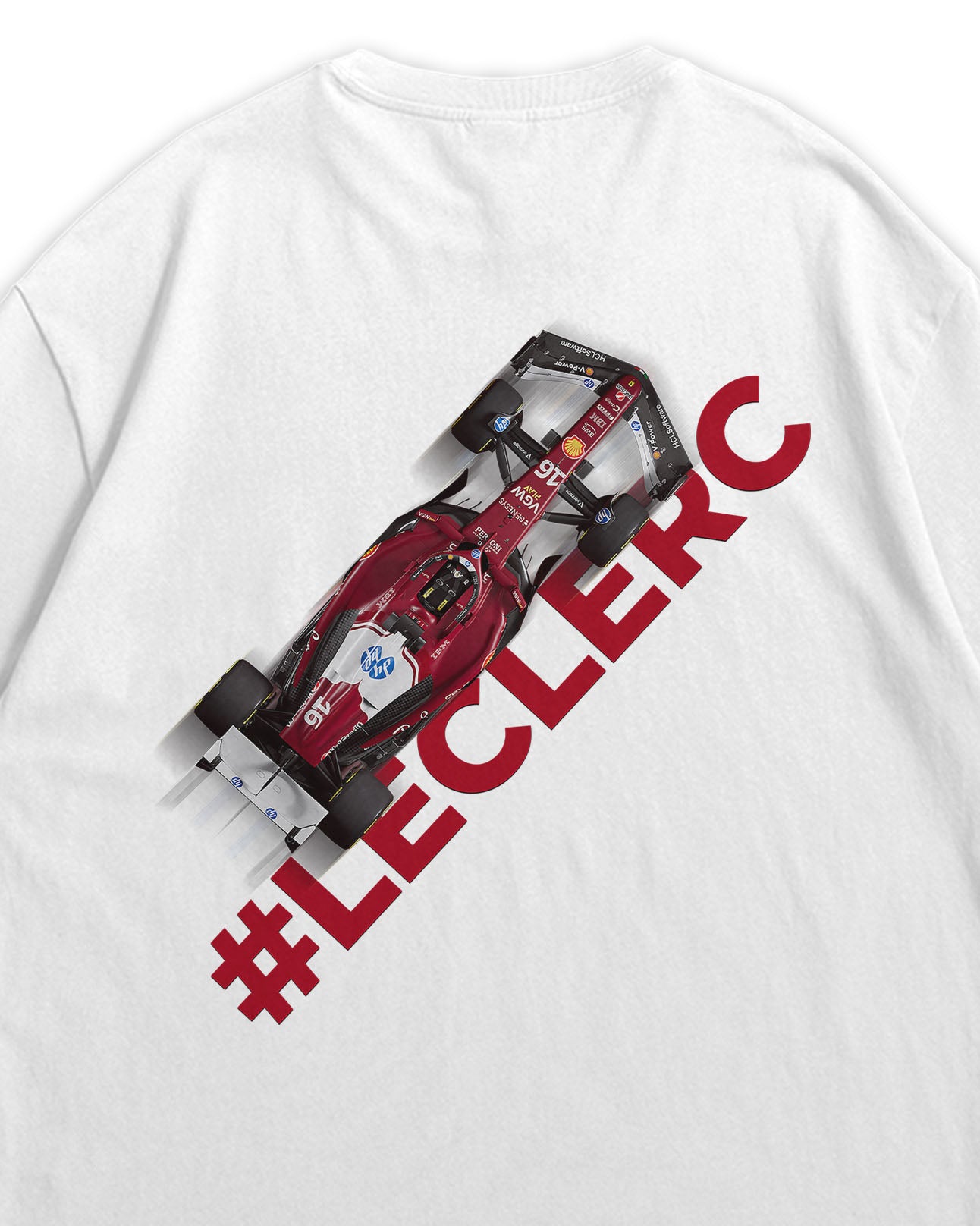 White t-shirt with a red racing car graphic and 'LECLERC' text on a white background