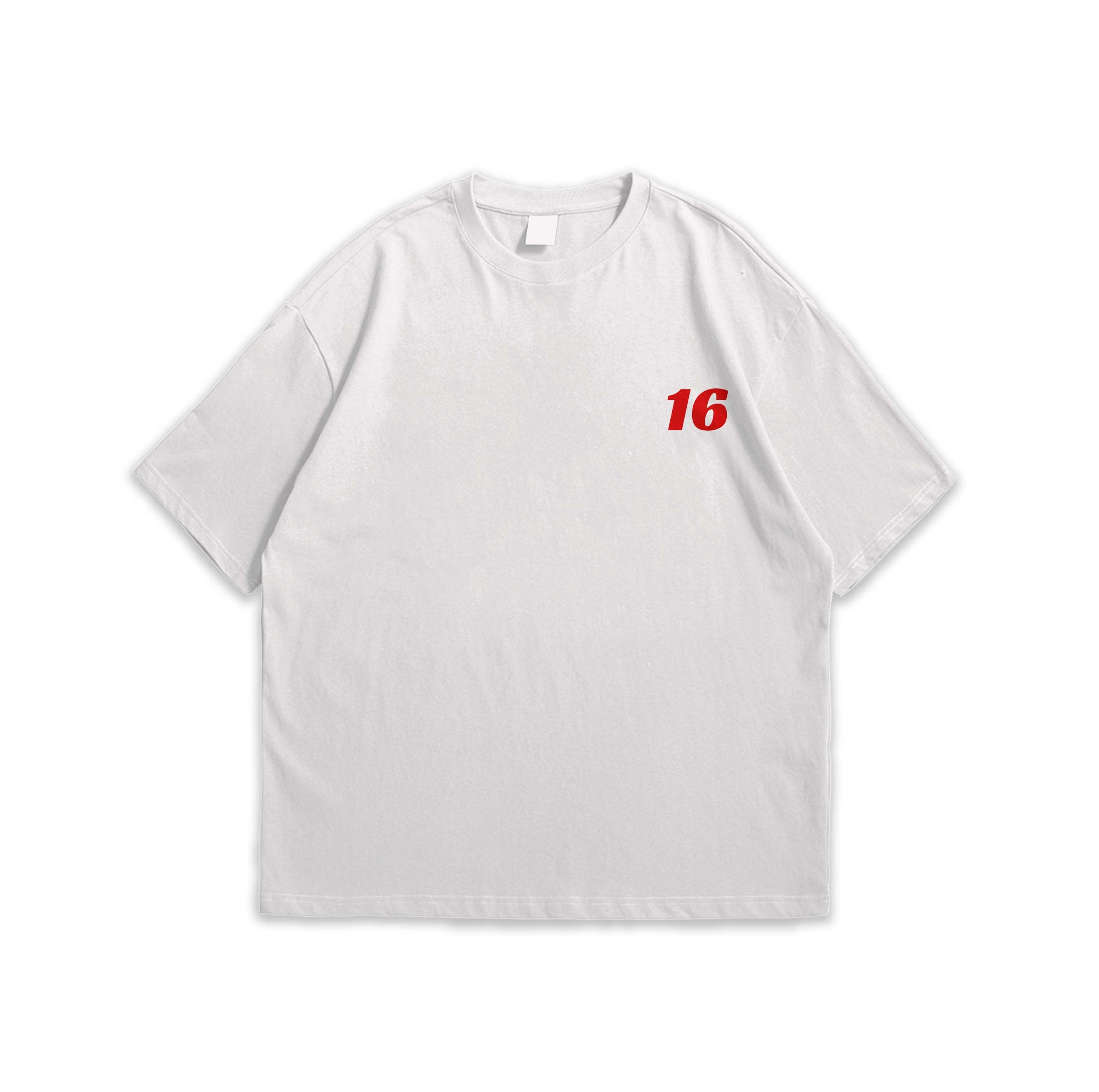 White t-shirt with red number 16 on a white background