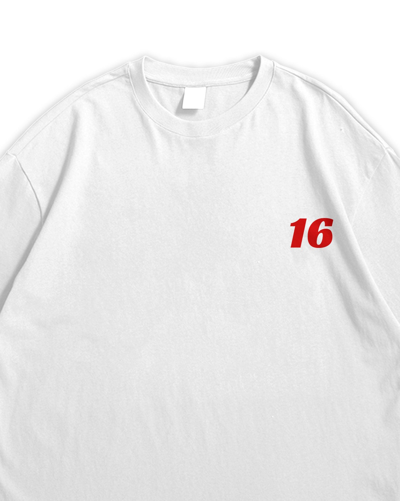 White t-shirt with red number 16 on a white background