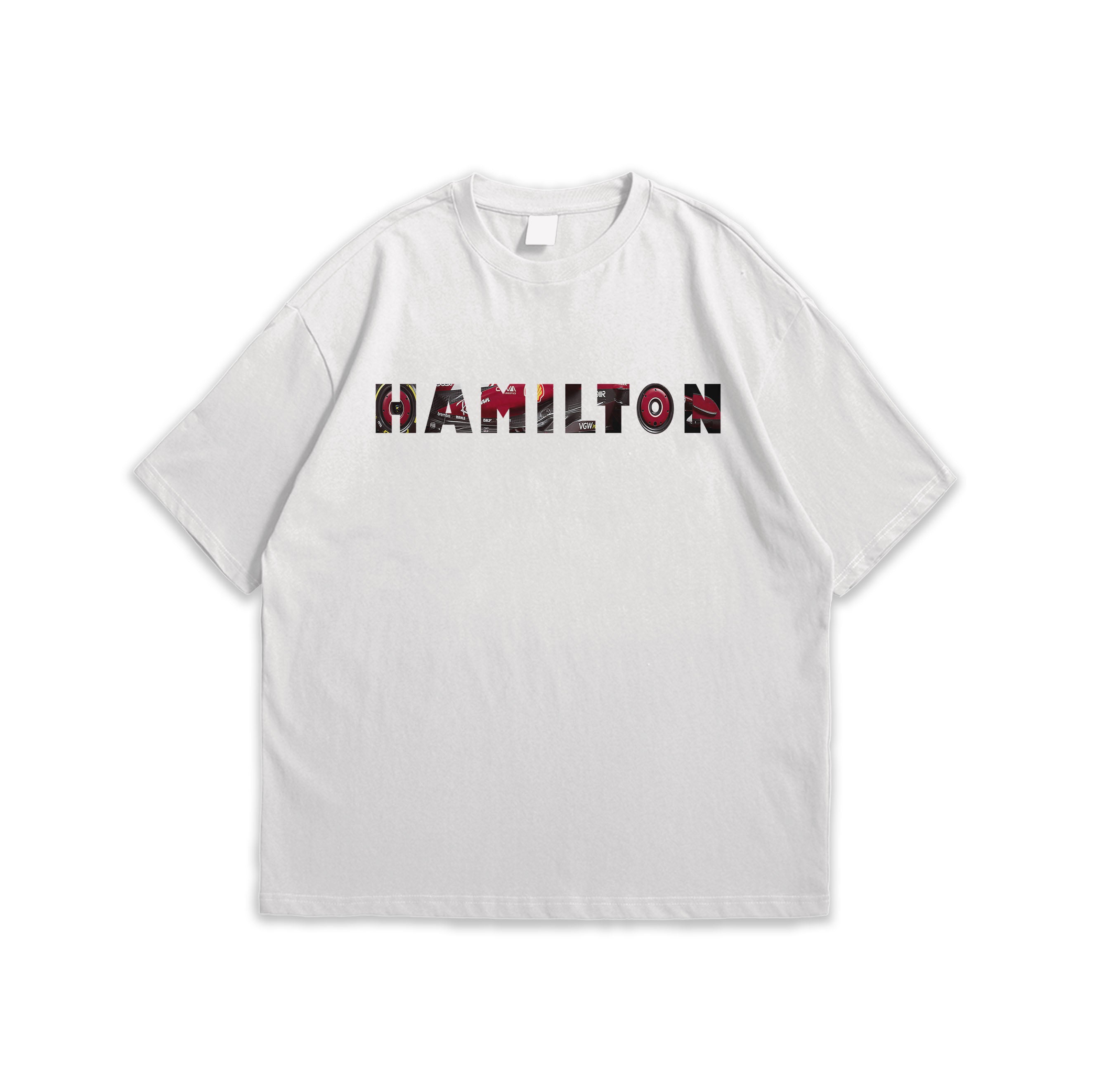 White t-shirt with 'HAMILTON' printed on it against a white background