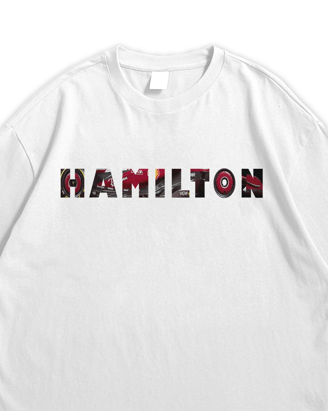 White t-shirt with 'HAMiLTON' printed on it against a white background