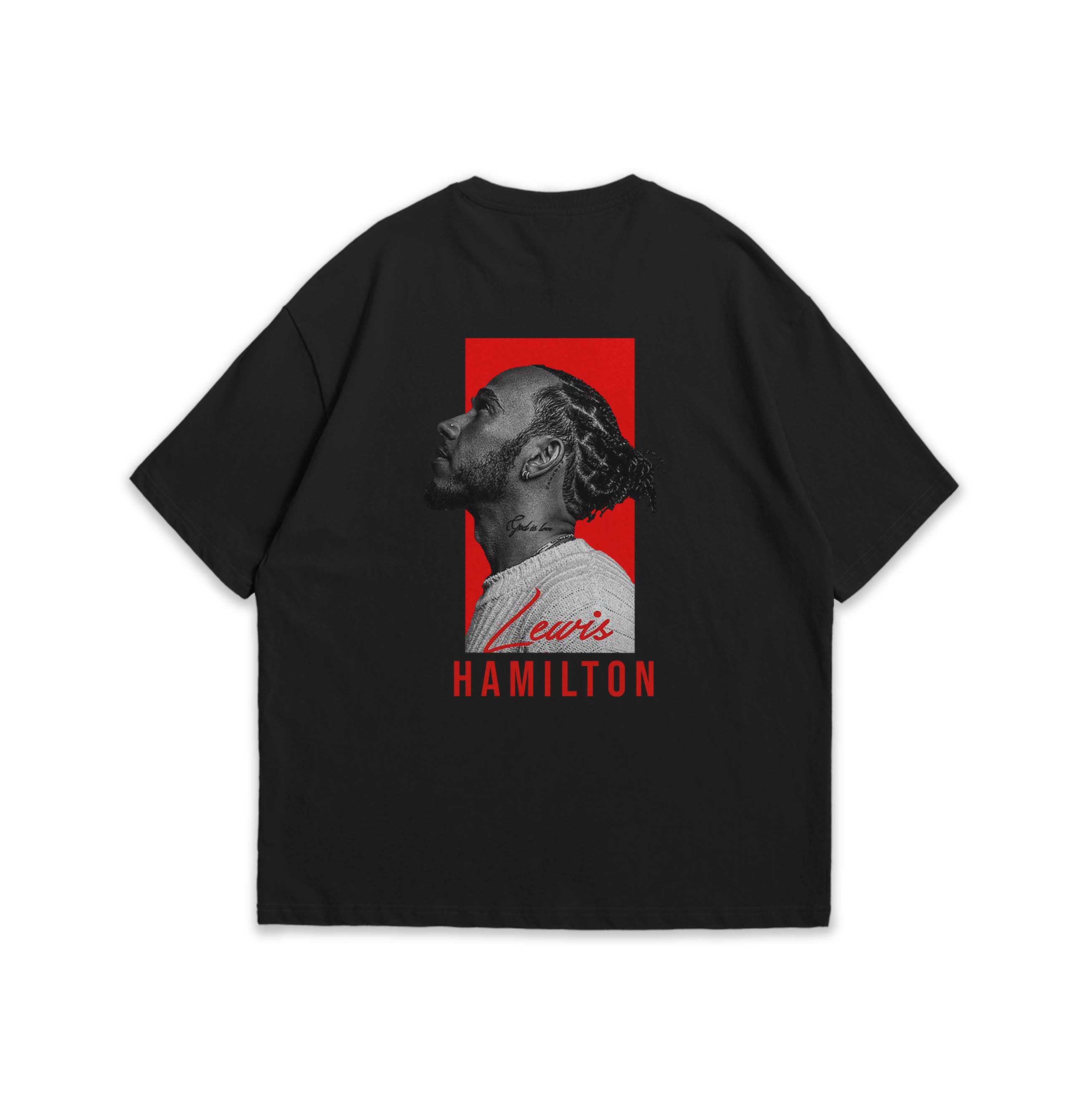 Black t-shirt with a graphic of 'Lewis Hamilton' text on a red background