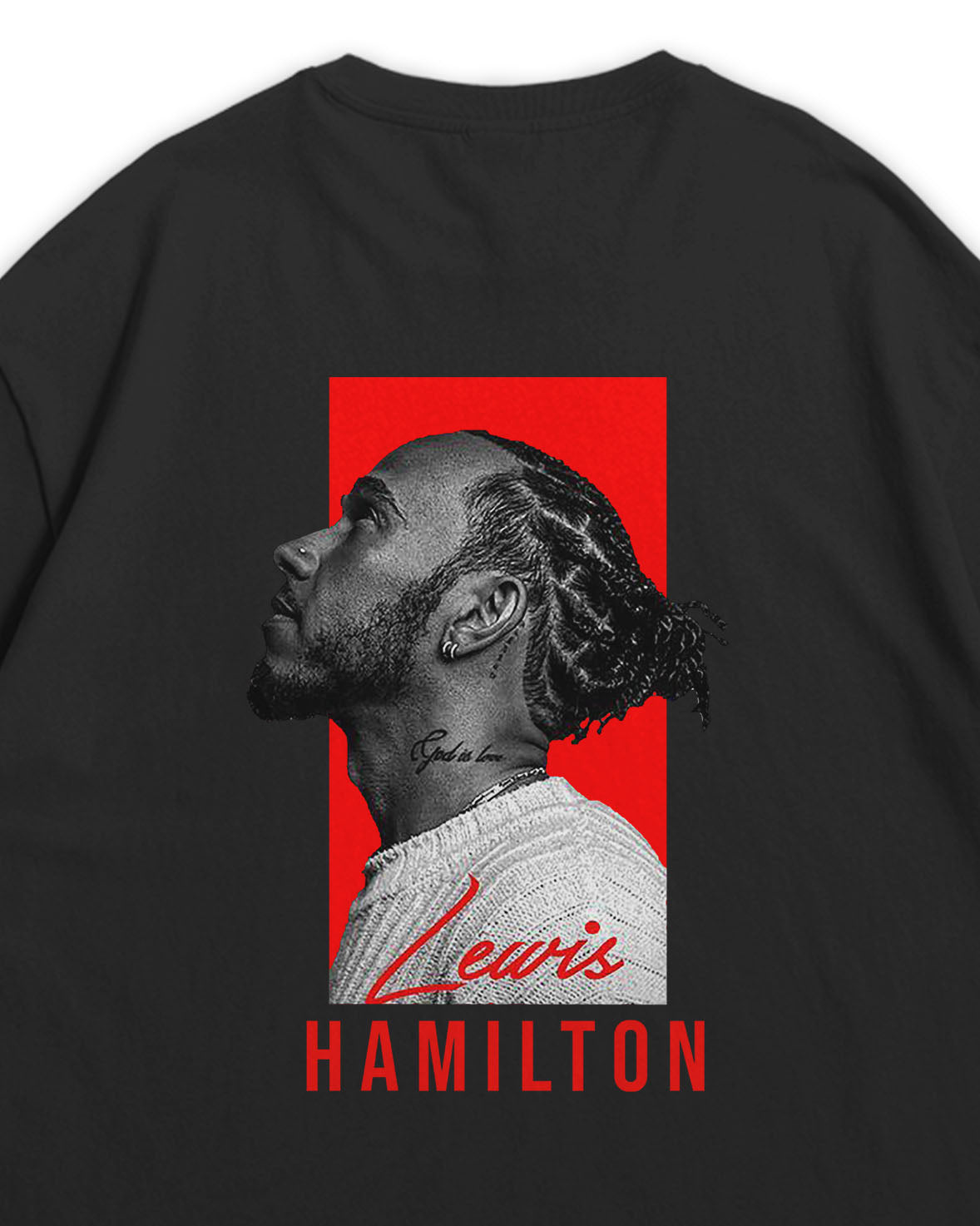Black t-shirt with a graphic of Lewis Hamilton on a red background