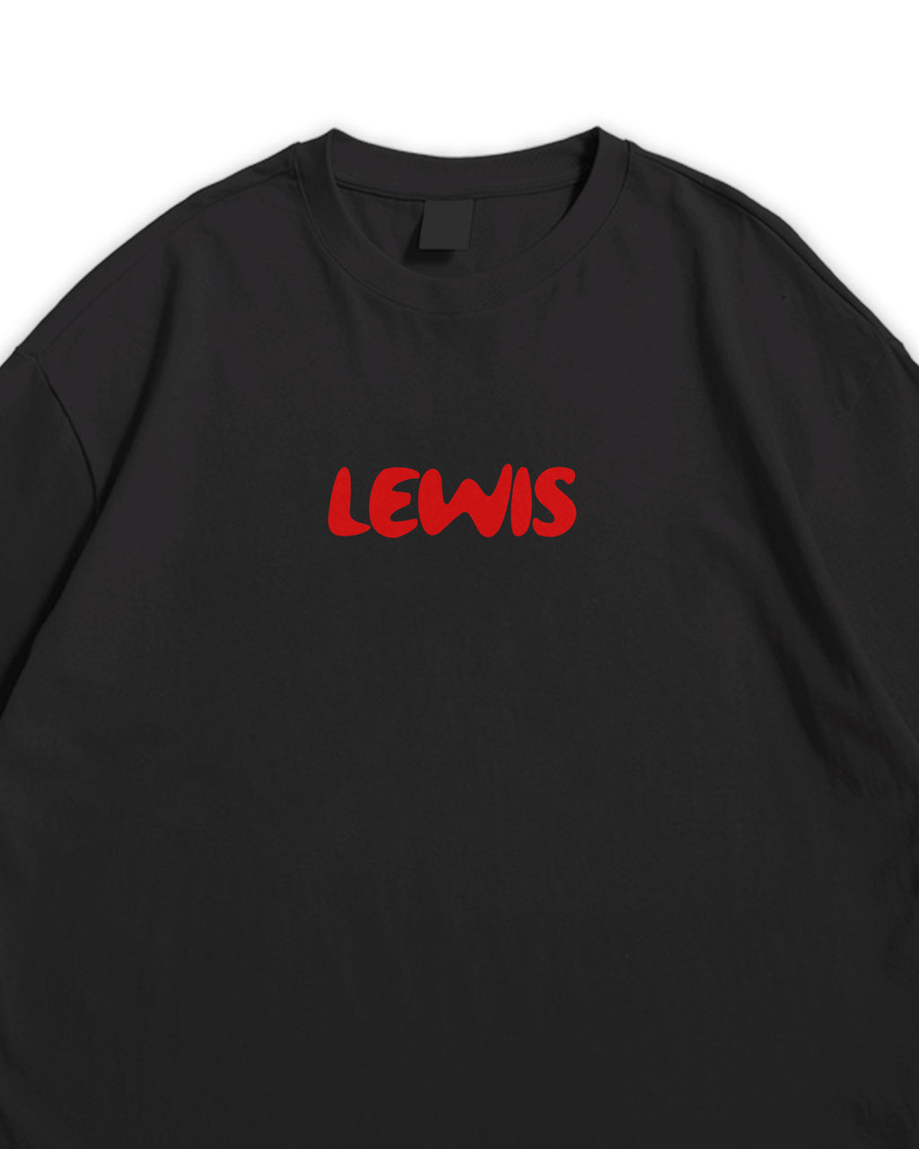 Black T-shirt with 'LEWIS' printed in red on a white background