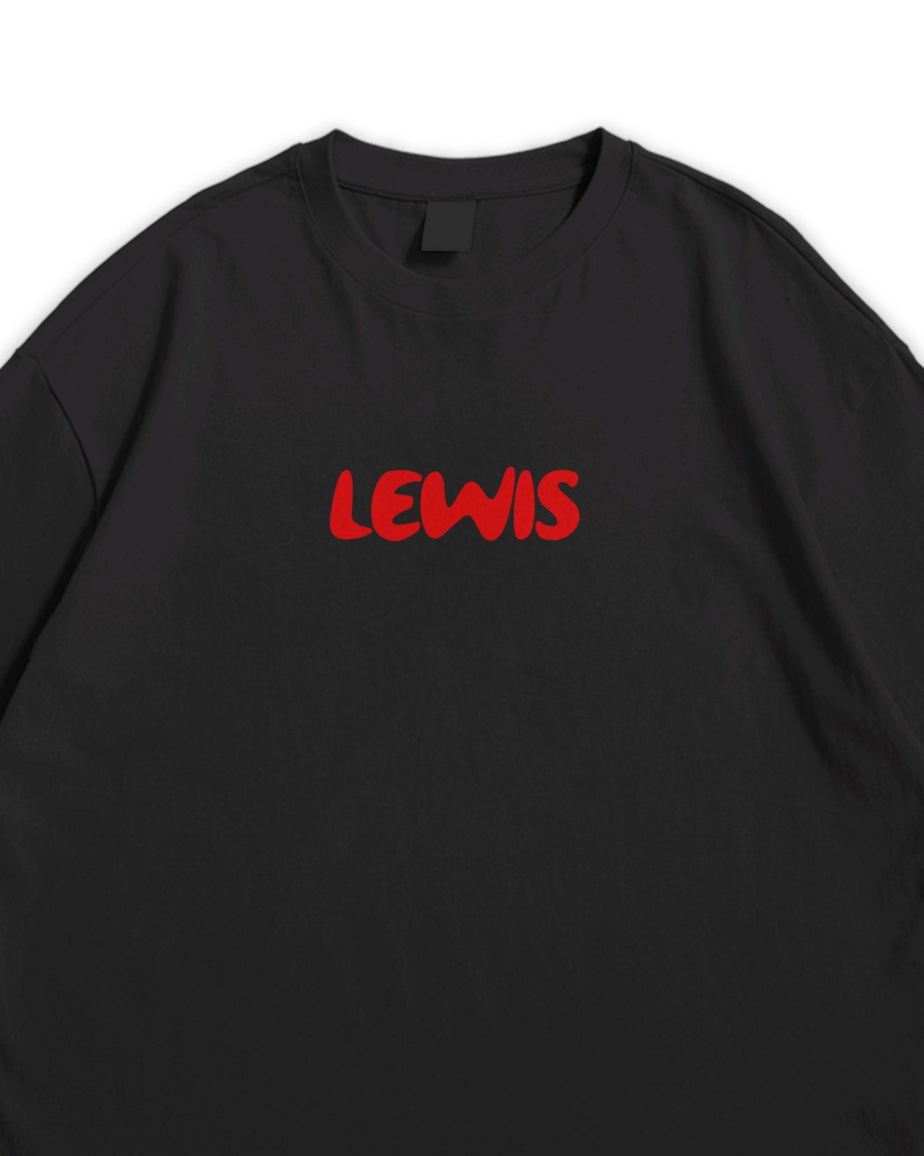 Black T-shirt with 'LEWIS' printed in red on a white background