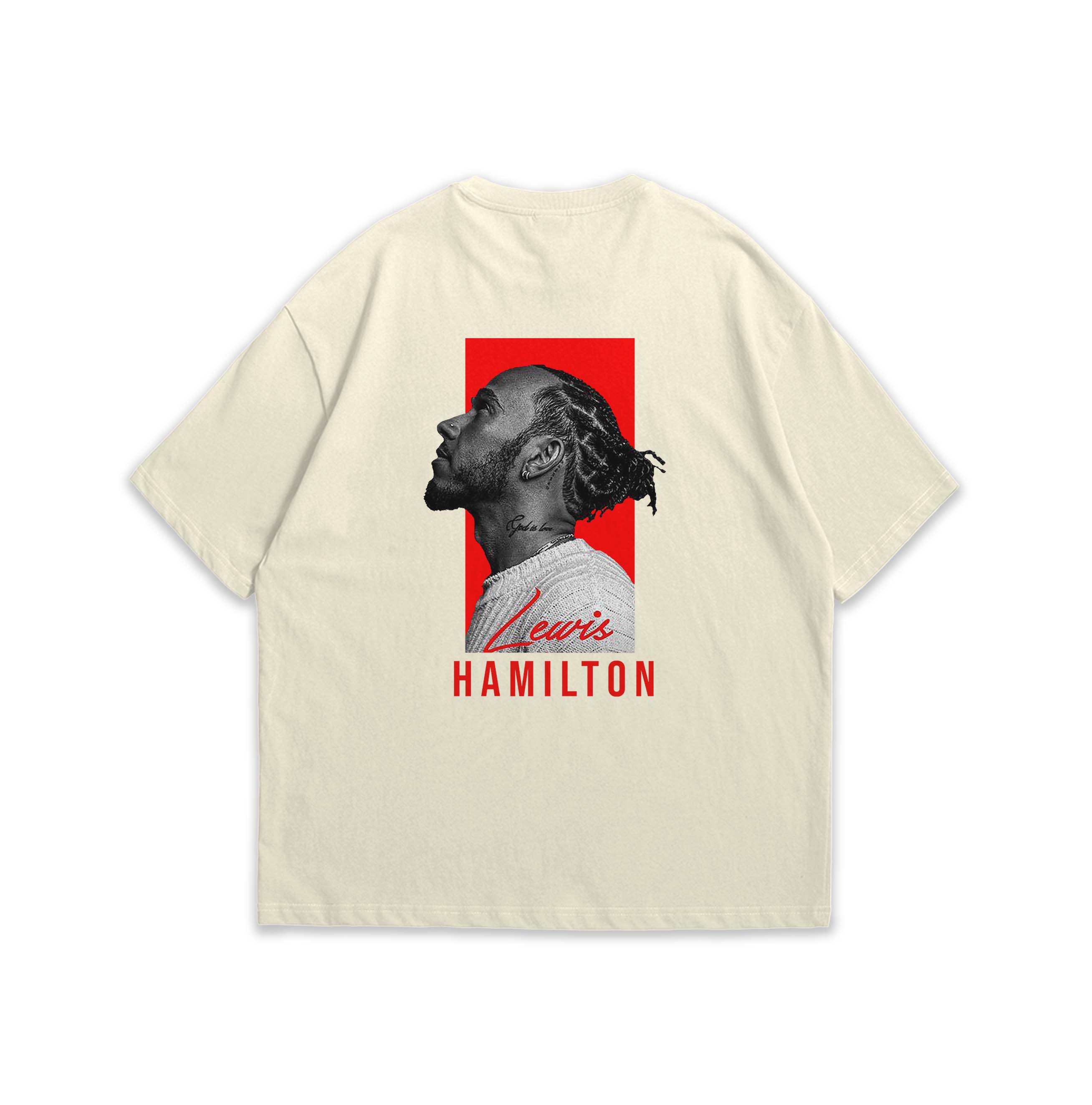 Beige t-shirt with a graphic of Lewis Hamilton on a white background
