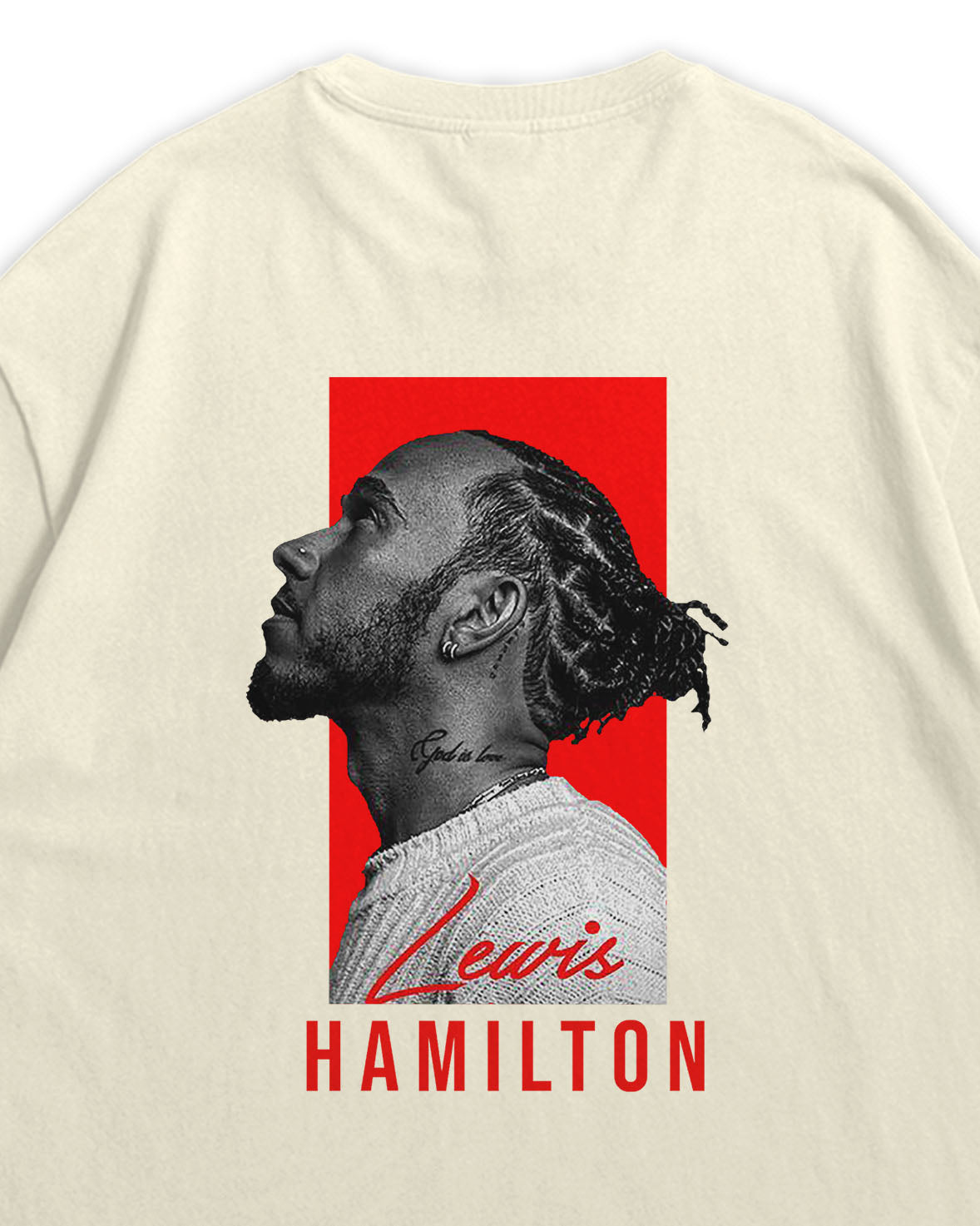 Beige t-shirt with a graphic of Lewis Hamilton on a red background
