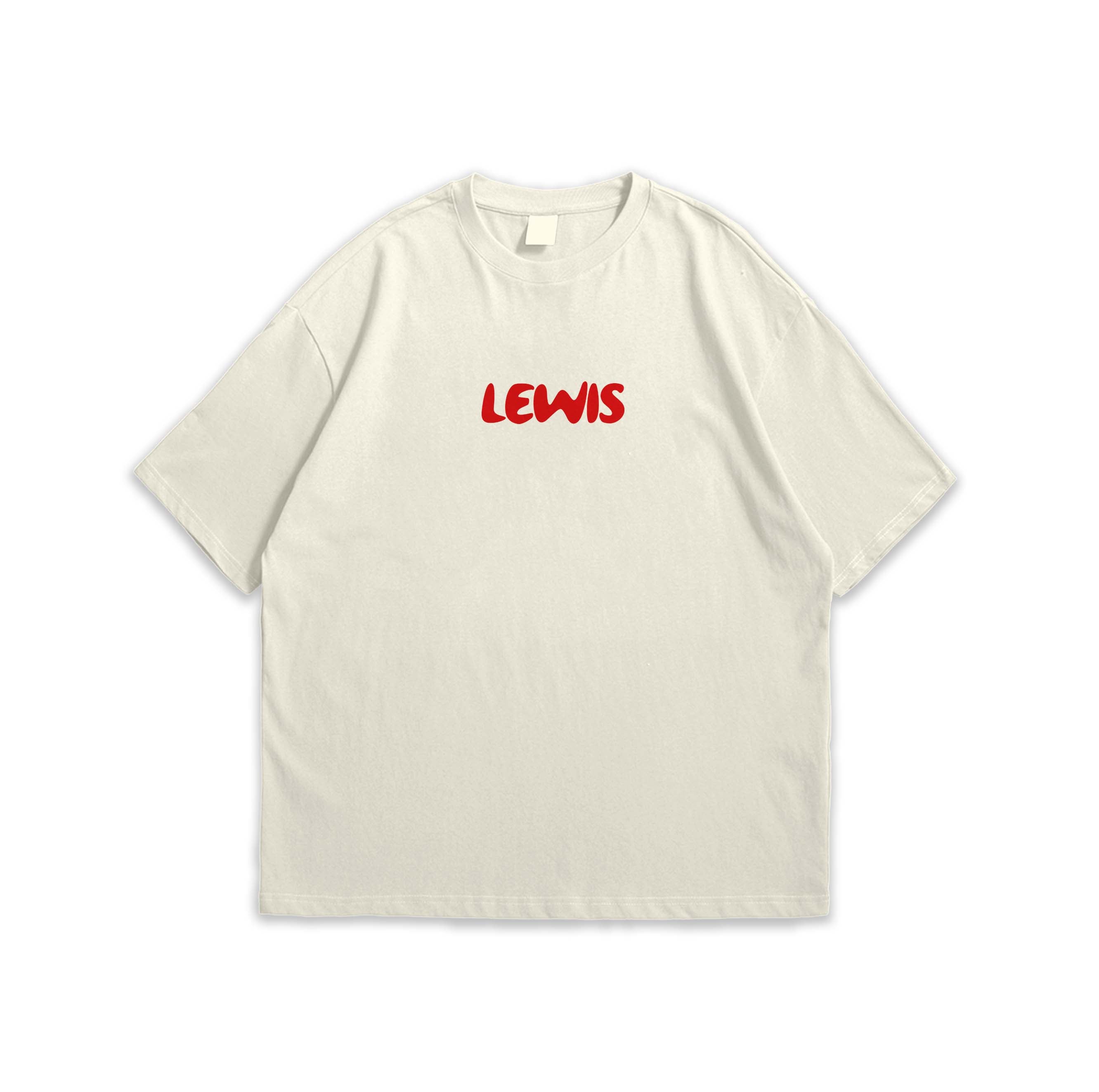 Beige t-shirt with 'LEWIS' printed in red on a white background