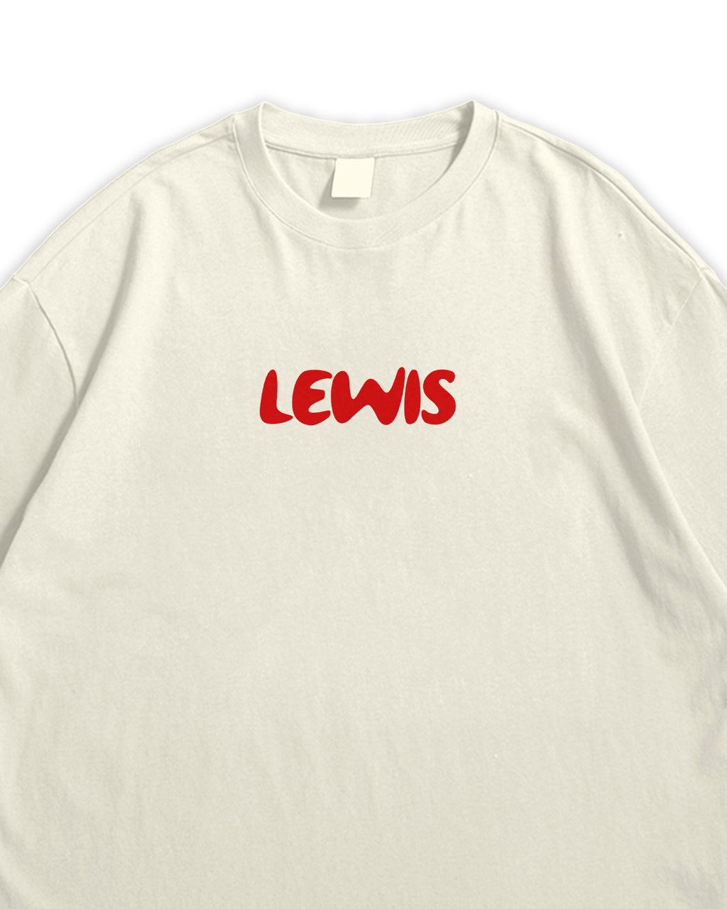 Beige t-shirt with 'LEWIS' printed in red on a white background
