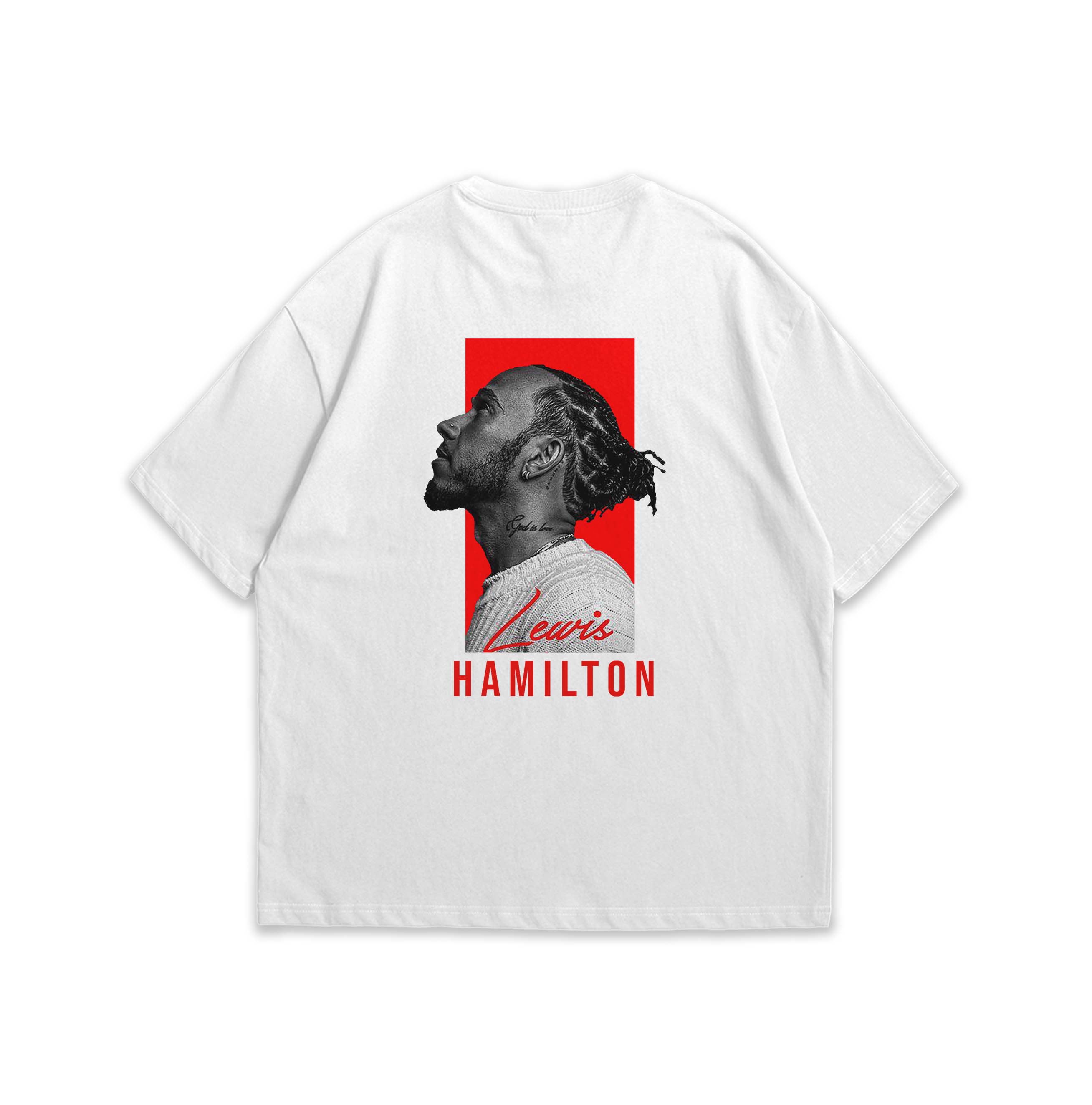 White t-shirt with a graphic of Lewis Hamilton on a red background