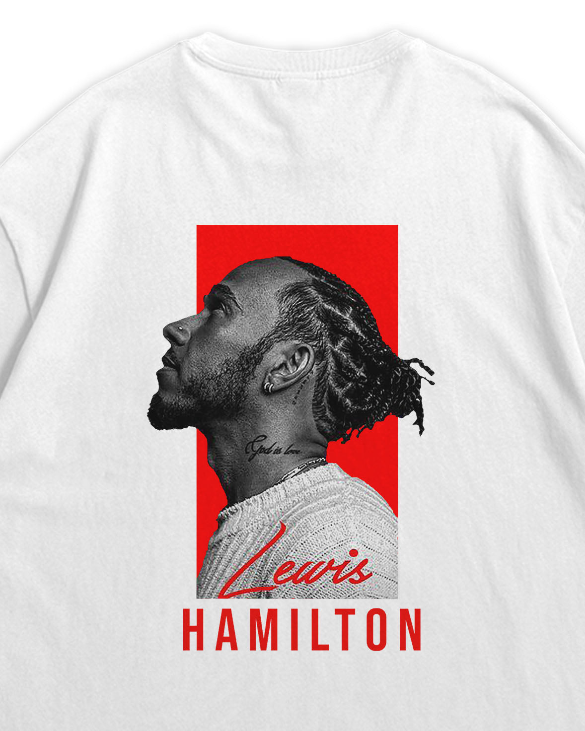 White t-shirt with a graphic of Lewis Hamilton on a red background