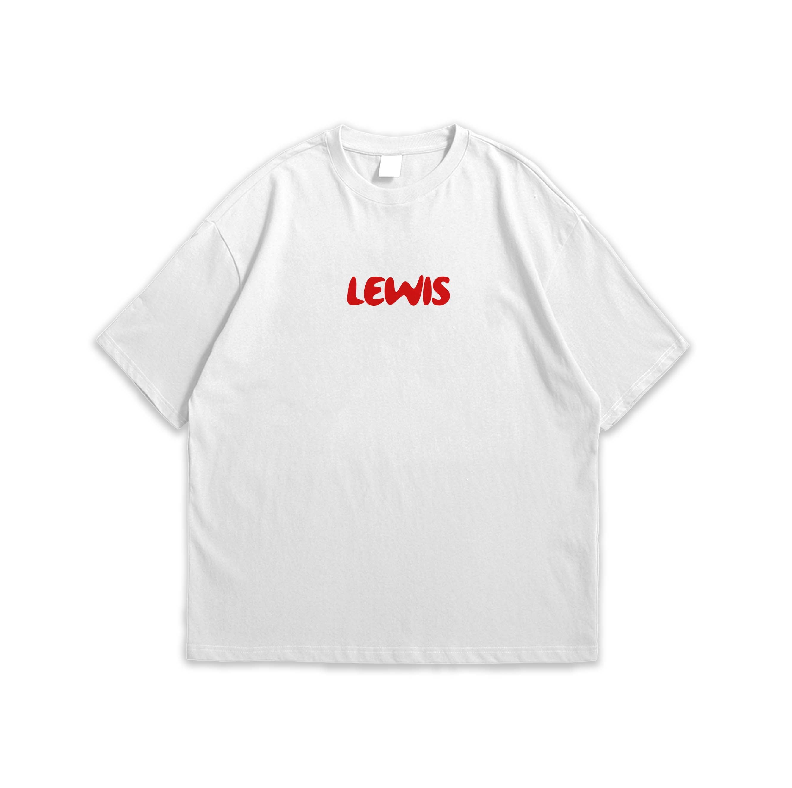 White t-shirt with red 'LEWIS' text on a white background