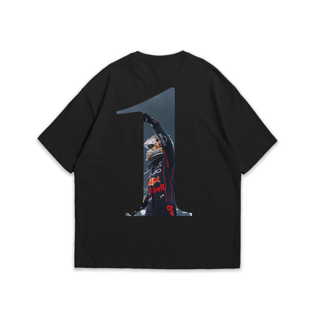 Black t-shirt with a graphic of Max Verstappen in number 1 on the back.