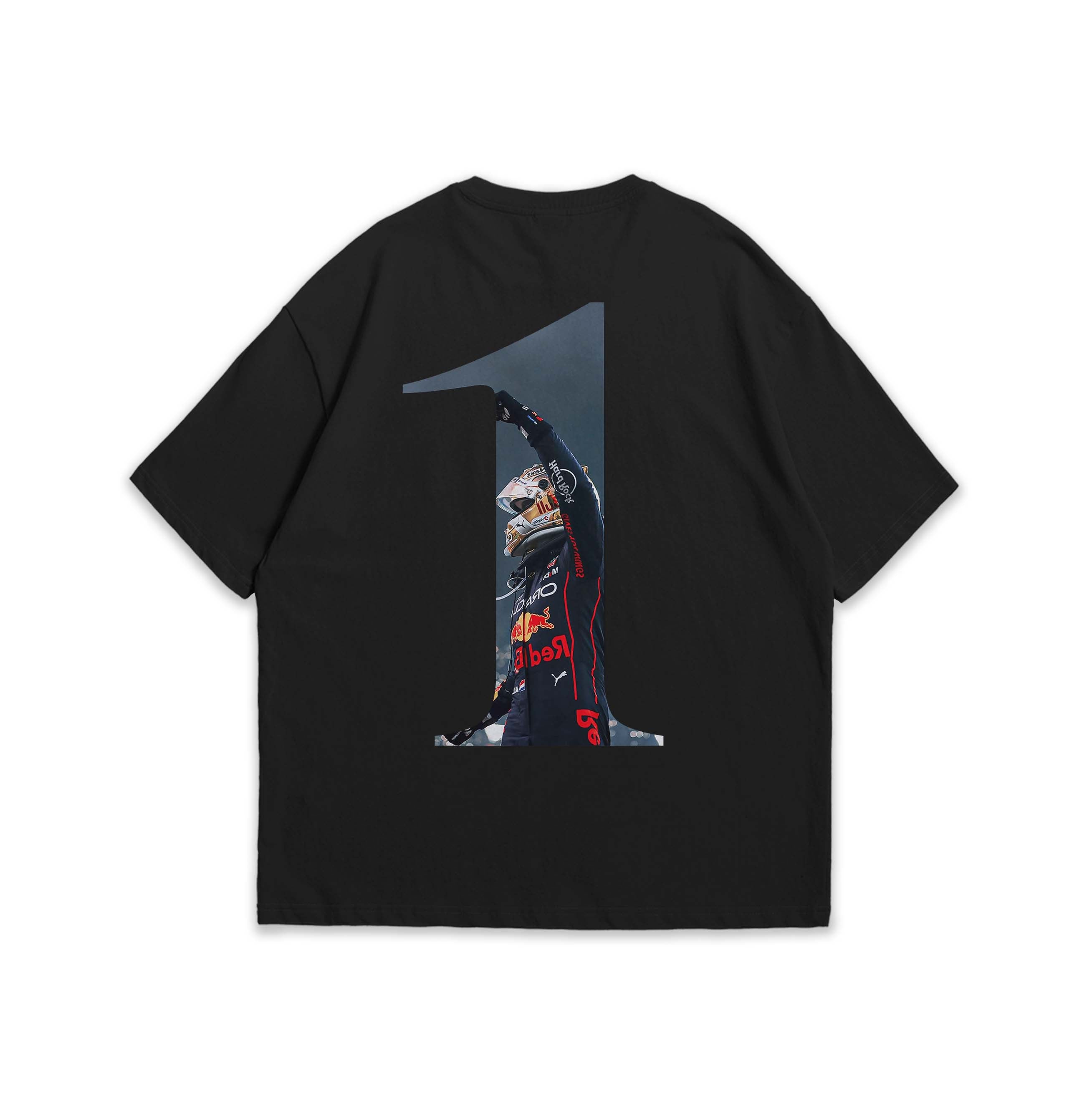 Black t-shirt with a graphic of Max Verstappen in number 1 on the back.