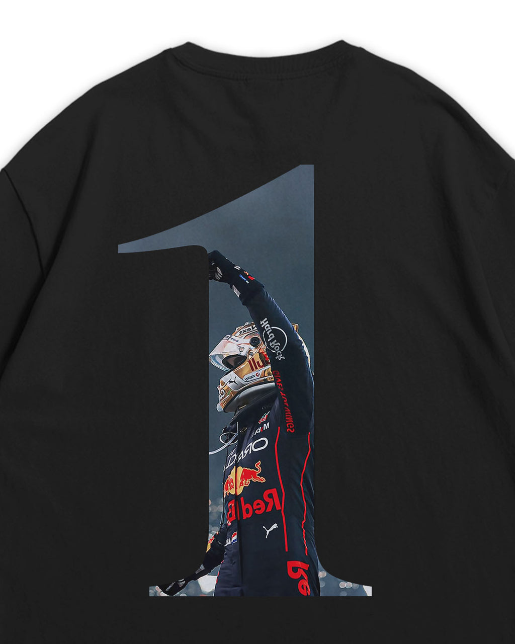 Black t-shirt with a graphic of Max Verstappen in number 1 on the back.