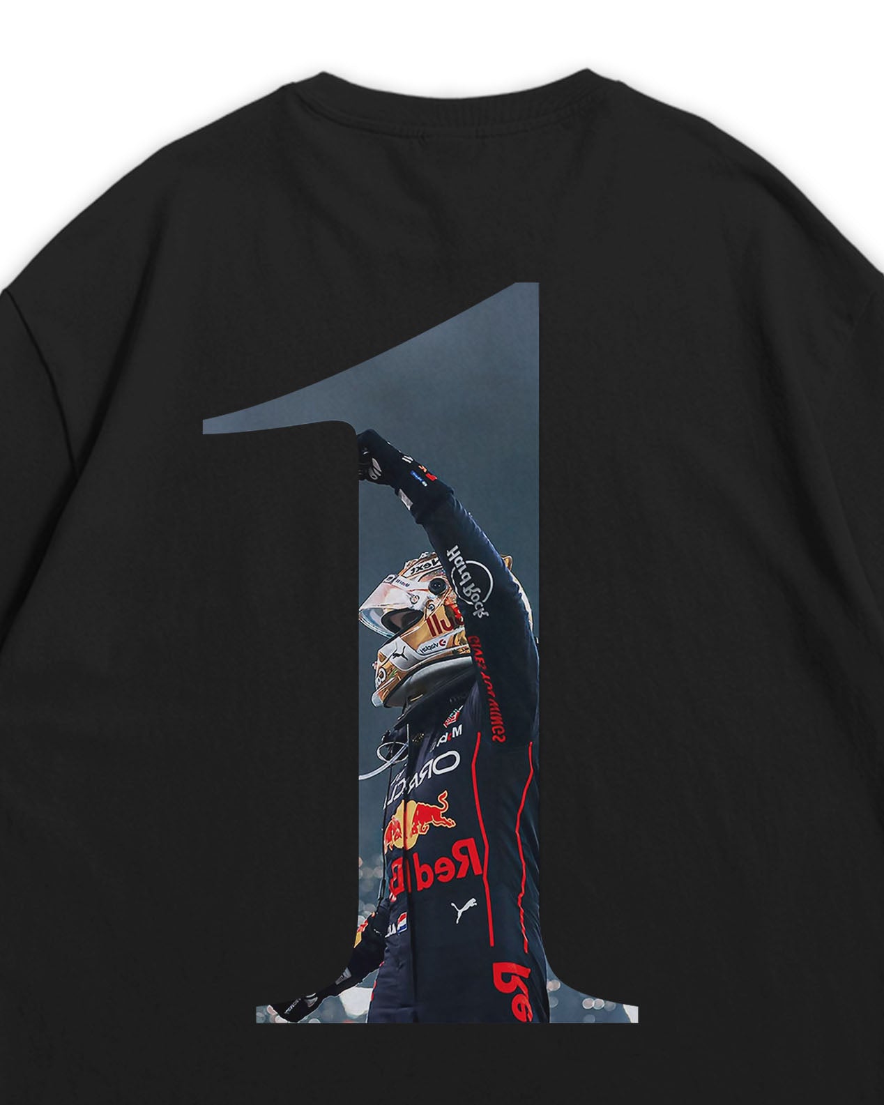 Black t-shirt with a graphic of Max Verstappen in number 1 on the back.