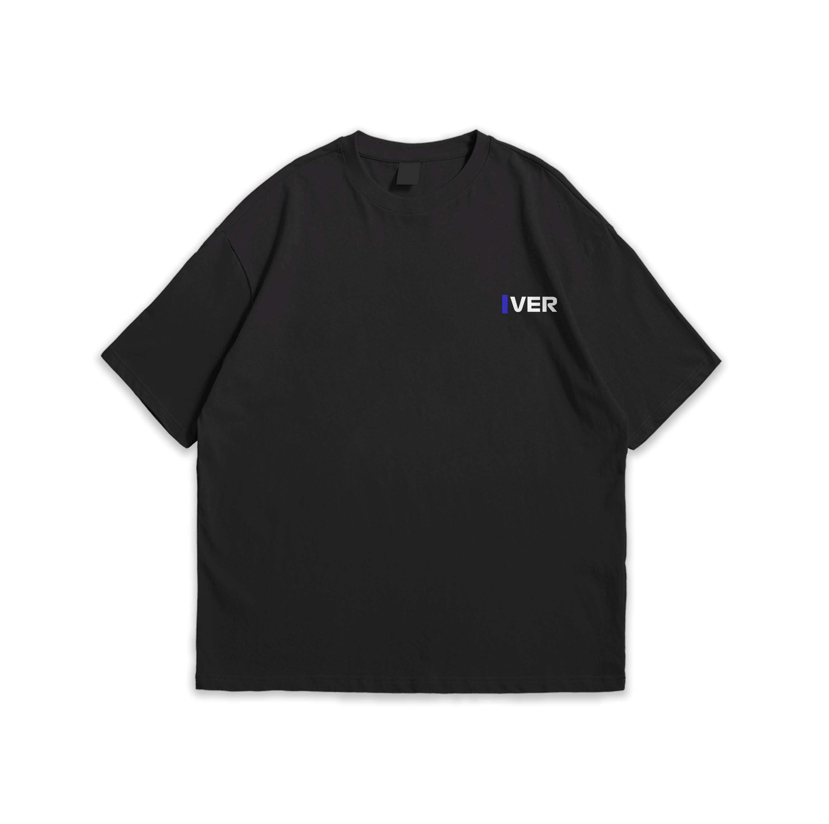 Black t-shirt with a small "VER" text on a white background