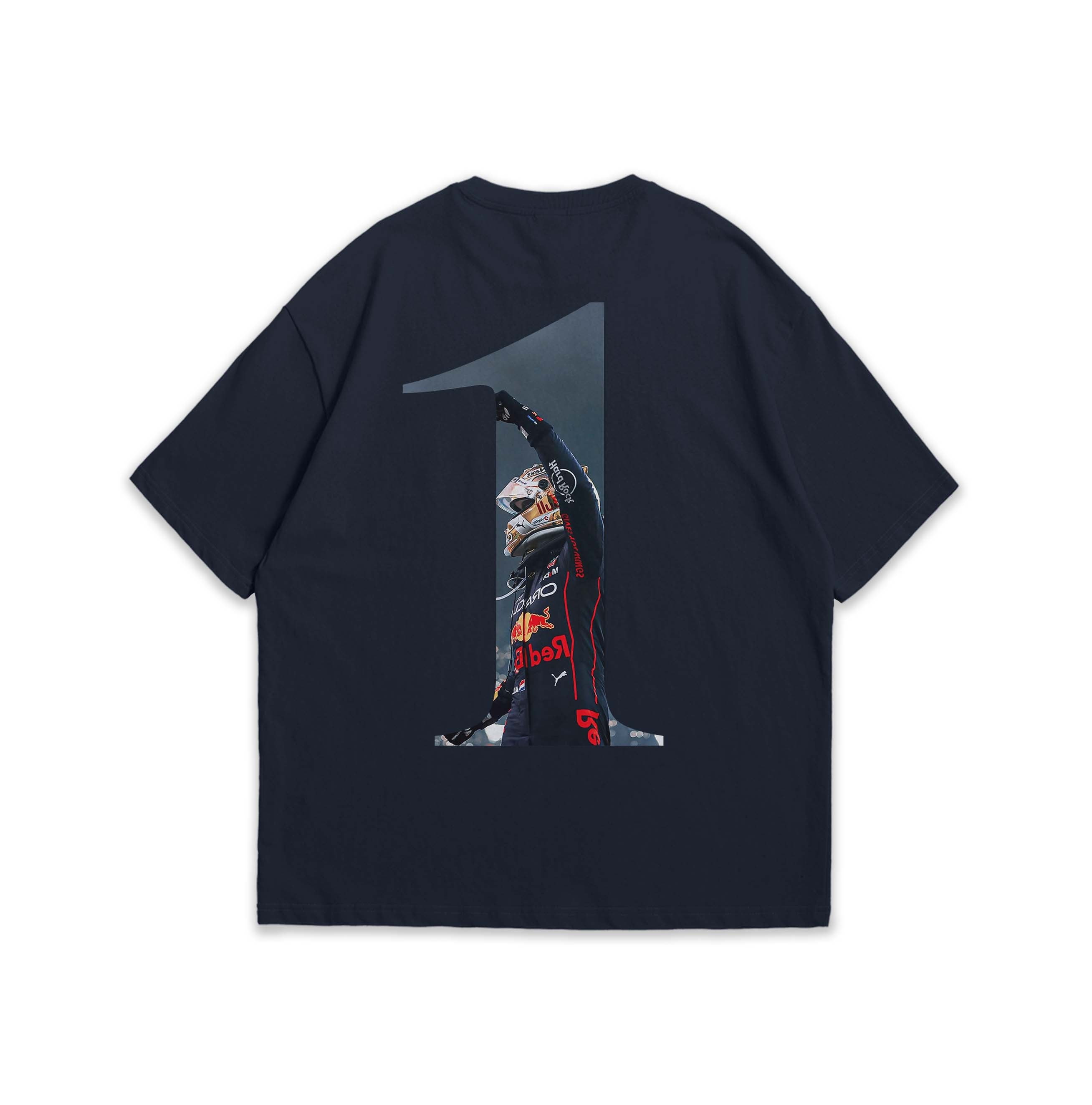 Black t-shirt with a graphic of Max Verstappen in number 1 on the back.