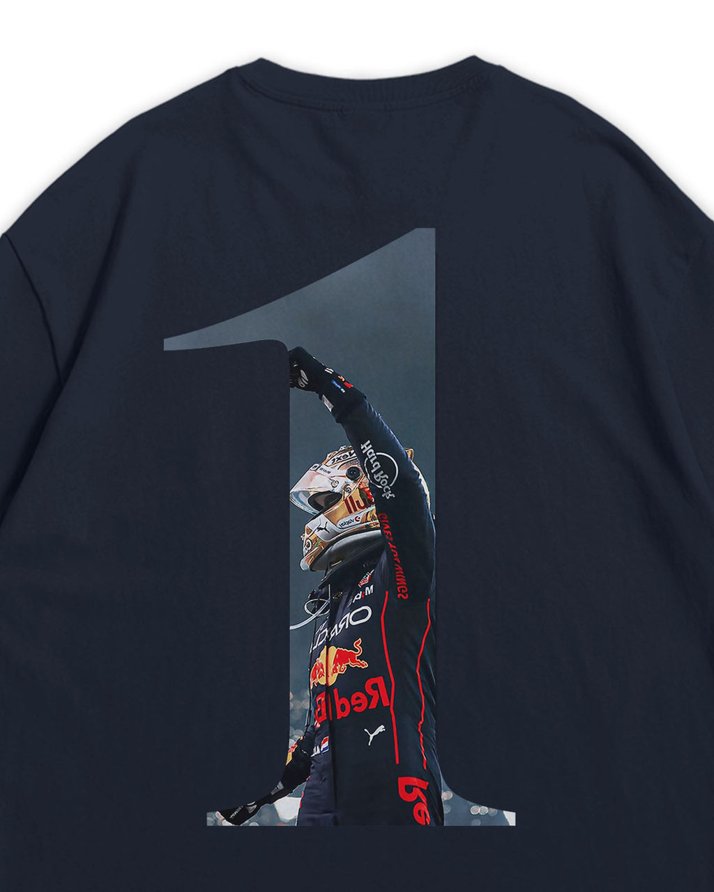 Navy Blue t-shirt with a graphic of Max Verstappen in number 1 on the back.