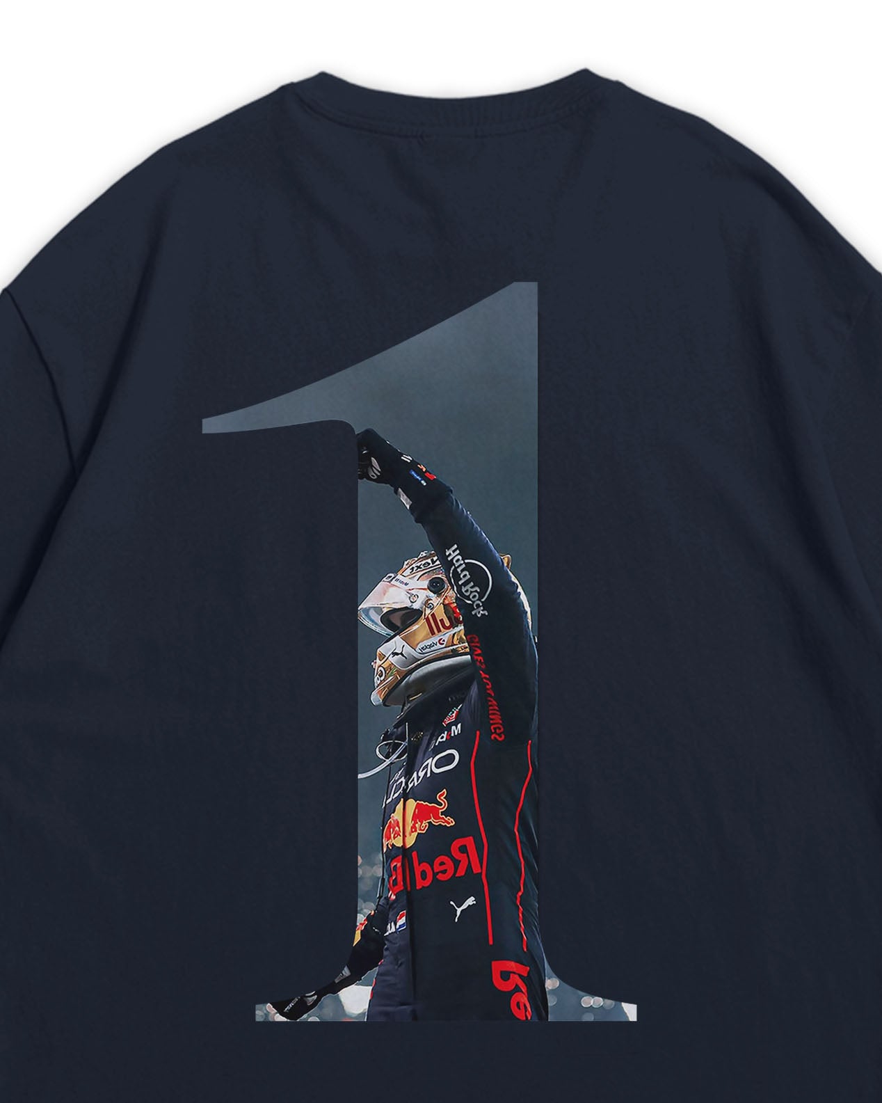 Navy Blue t-shirt with a graphic of Max Verstappen in number 1 on the back.