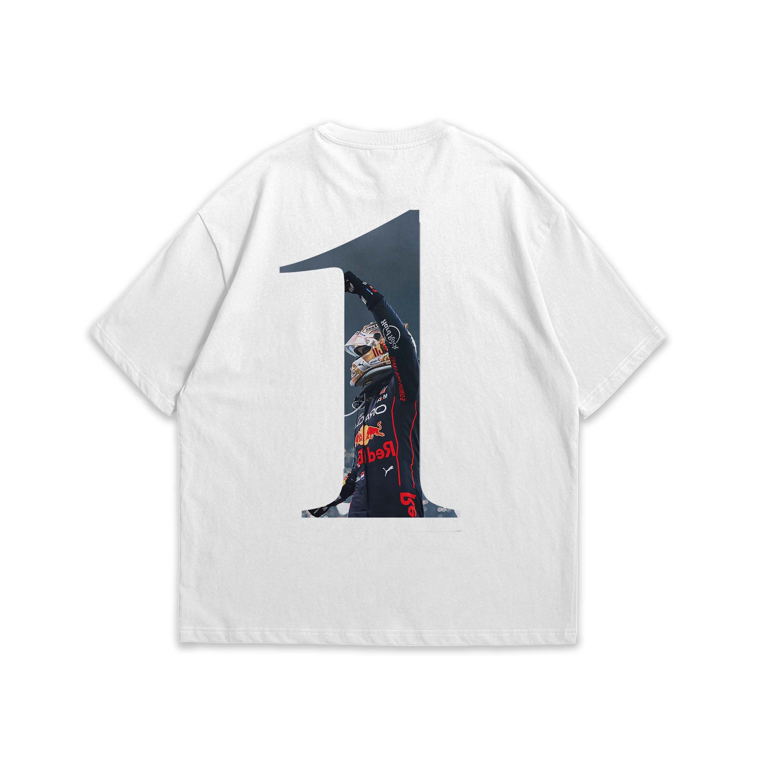 White t-shirt with a graphic of Max Verstappen in number 1 on the back.