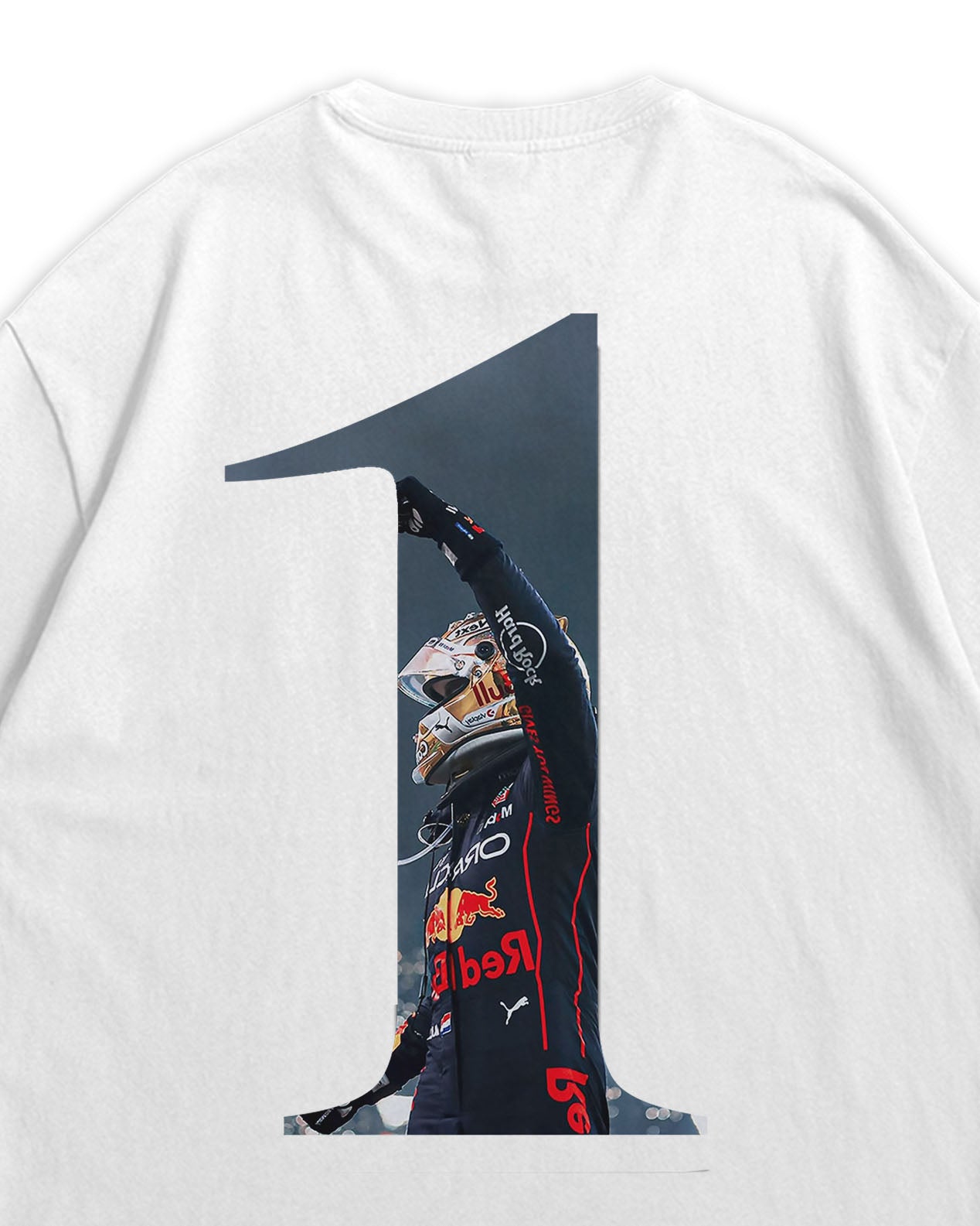 White t-shirt with a graphic of Max Verstappen in number 1 on the back