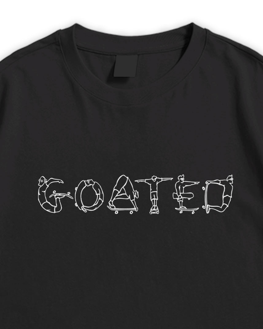 Black t-shirt with white graphic design on a plain background